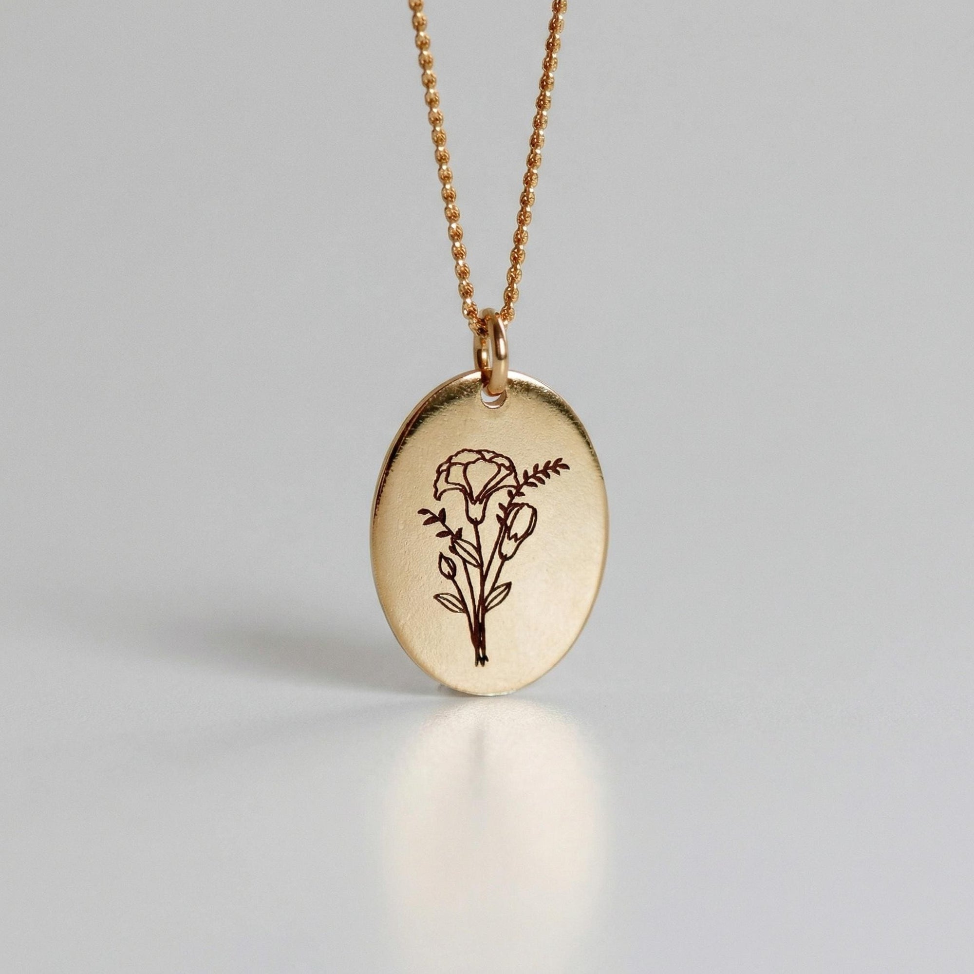 Gold filled birth flower necklace with custom oval disc pendant, personalized kids name laser engraved initials, handmade gold oval medallion necklace