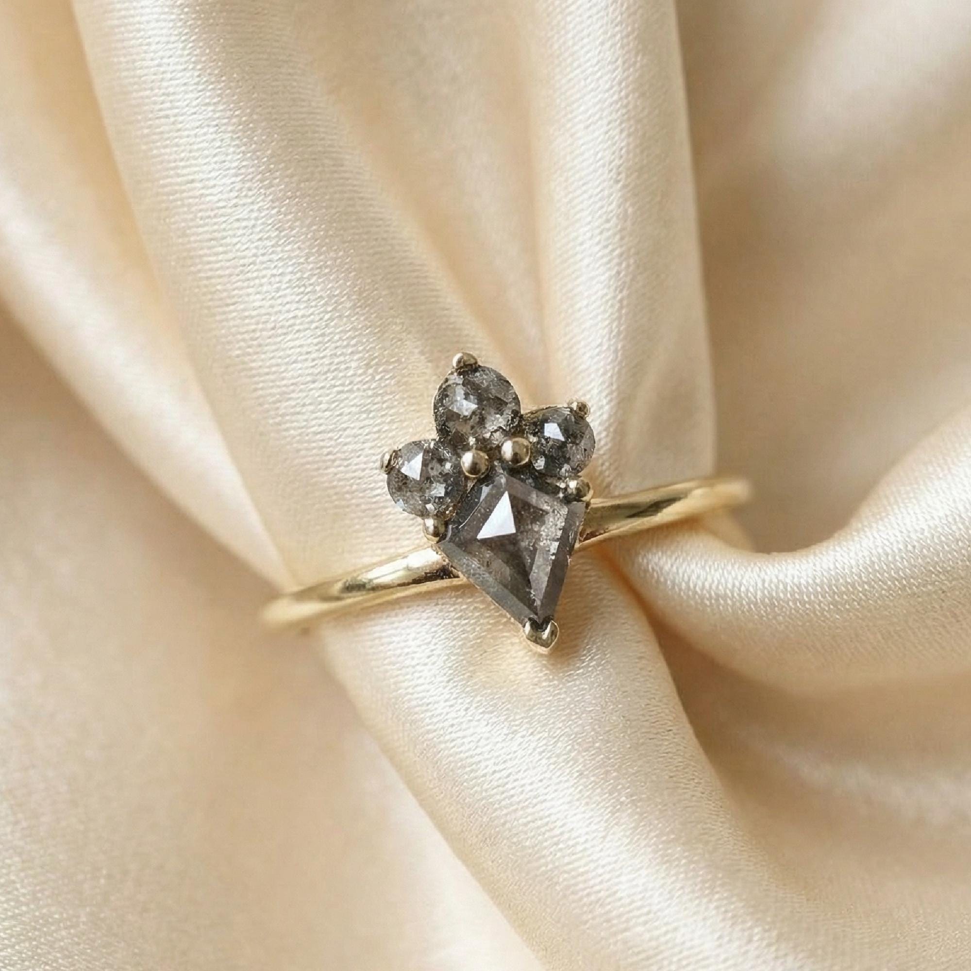 Rose Cut Kite Shape Salt and Pepper Diamond Ring in 14k Yellow Gold - Melt'm Jewelry