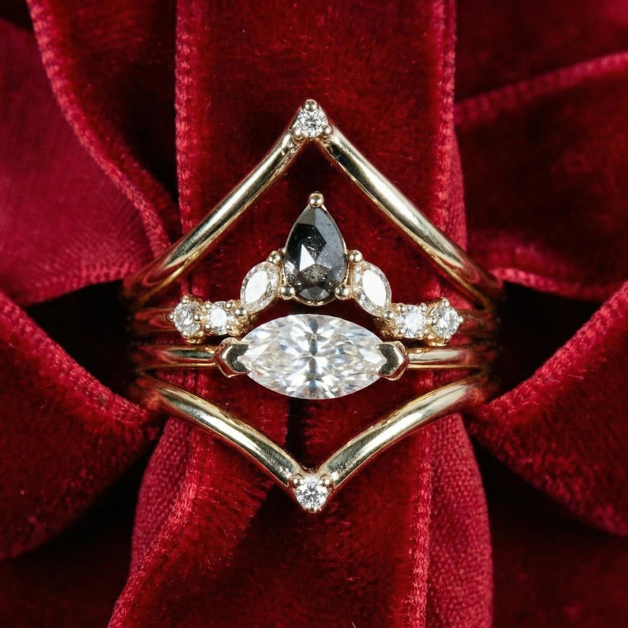 Rose Cut Pear Shape Salt and Pepper Diamond Ring 14k Yellow Gold - Melt'm Jewelry