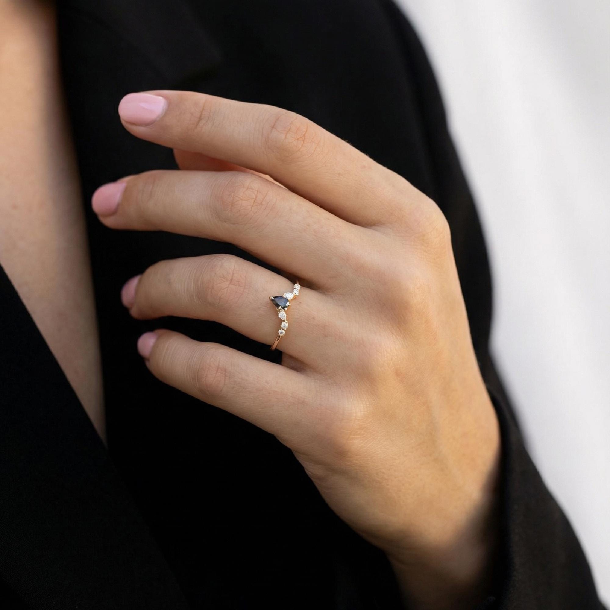 Rose Cut Pear Shape Salt and Pepper Diamond Ring 14k Yellow Gold - Melt'm Jewelry