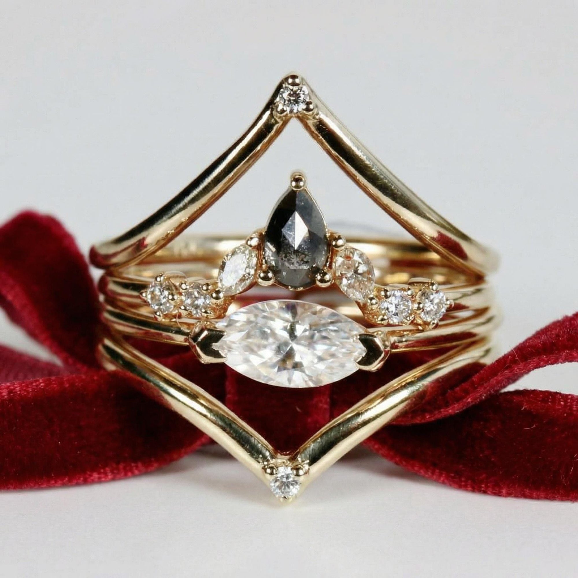 Rose Cut Pear Shape Salt and Pepper Diamond Ring 14k Yellow Gold - Melt'm Jewelry