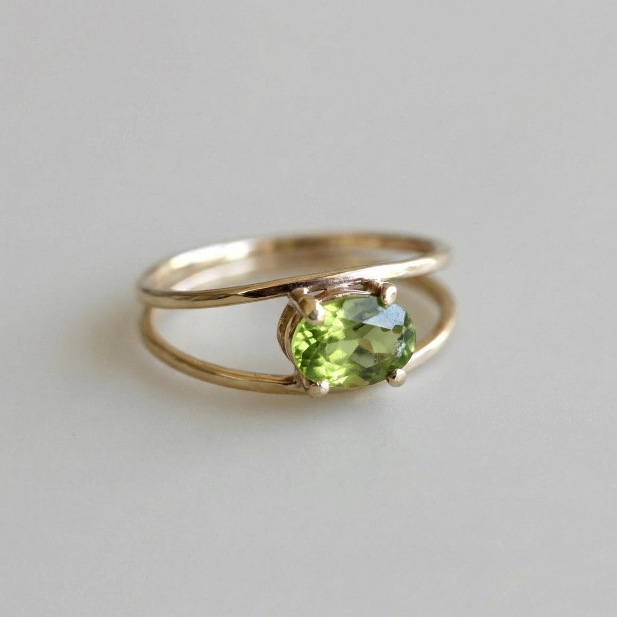 14k Gold Peridot Ring, Oval Engagement Ring, Double Band Ring - Melt'm Jewelry