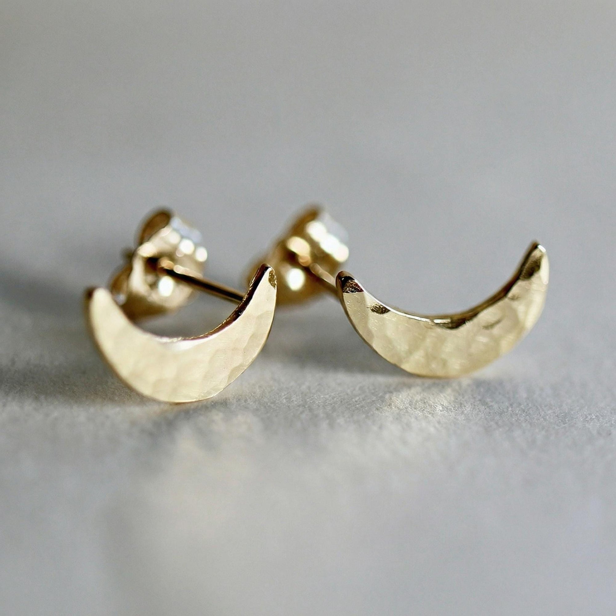 14k Solid Gold Crescent Moon Earrings, Moon Stud Earrings - Melt'm Jewelry