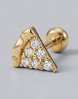 14k solid gold tiny pizza slice flat back cartilage earring with CZ diamond, internally threaded tragus stud, cute food themed ear stack jewelry