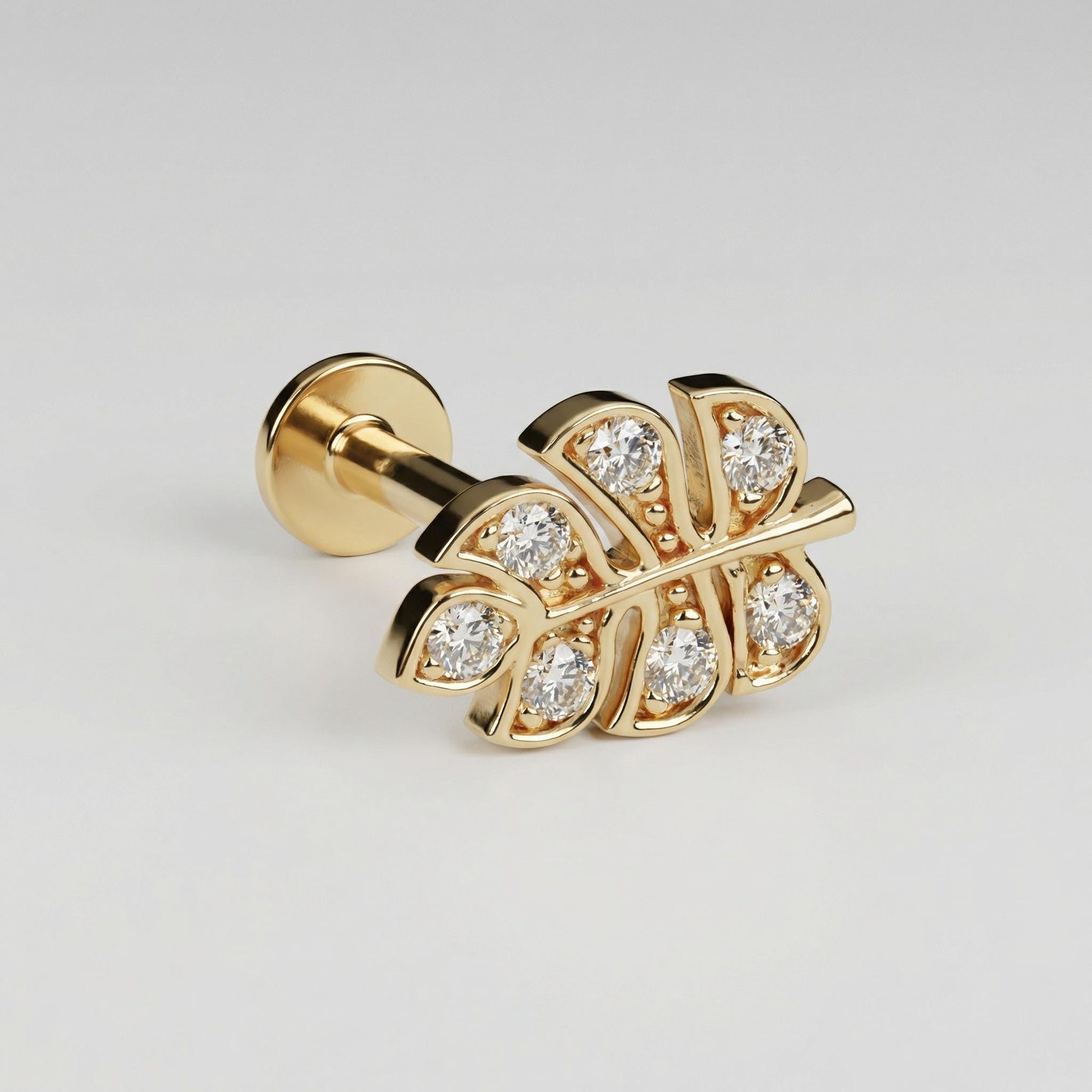 14k solid gold monstera leaf flat back earring with CZ, nature inspired stackable stud, internally threaded tragus cartilage piercing