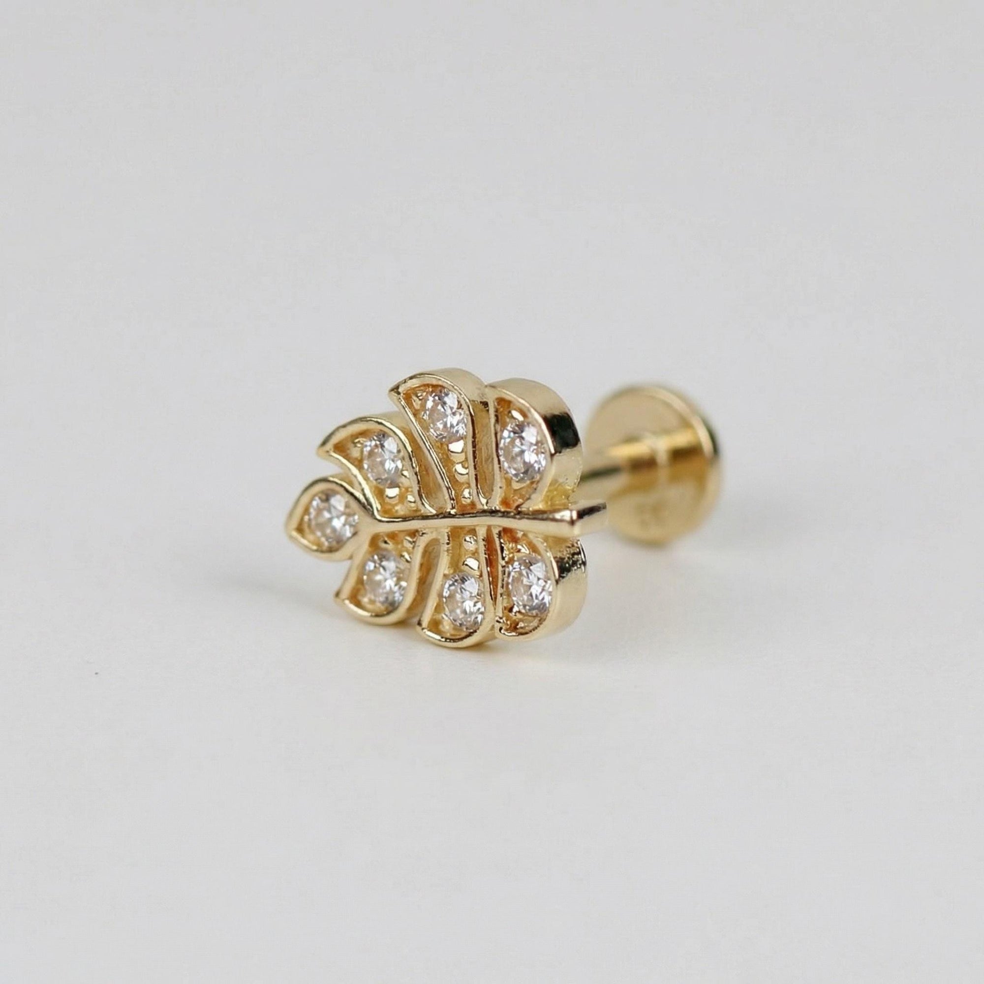 Monstera Leaf Cz Flat Back Earrings 14k Solid Gold - Melt'm Jewelry