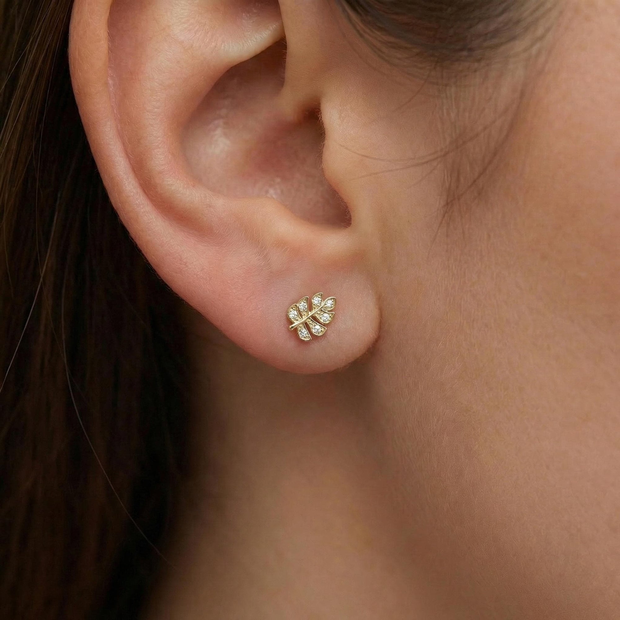 Monstera Leaf Cz Flat Back Earrings 14k Solid Gold - Melt'm Jewelry
