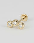 Three Bezel Stone Curve Bar Ear Piercing 14k Solid Gold Flat Back (SINGLE or PAIR) - Melt'm Jewelry