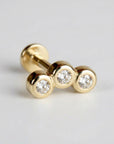 Three Bezel Stone Curve Bar Ear Piercing 14k Solid Gold Flat Back (SINGLE or PAIR) - Melt'm Jewelry