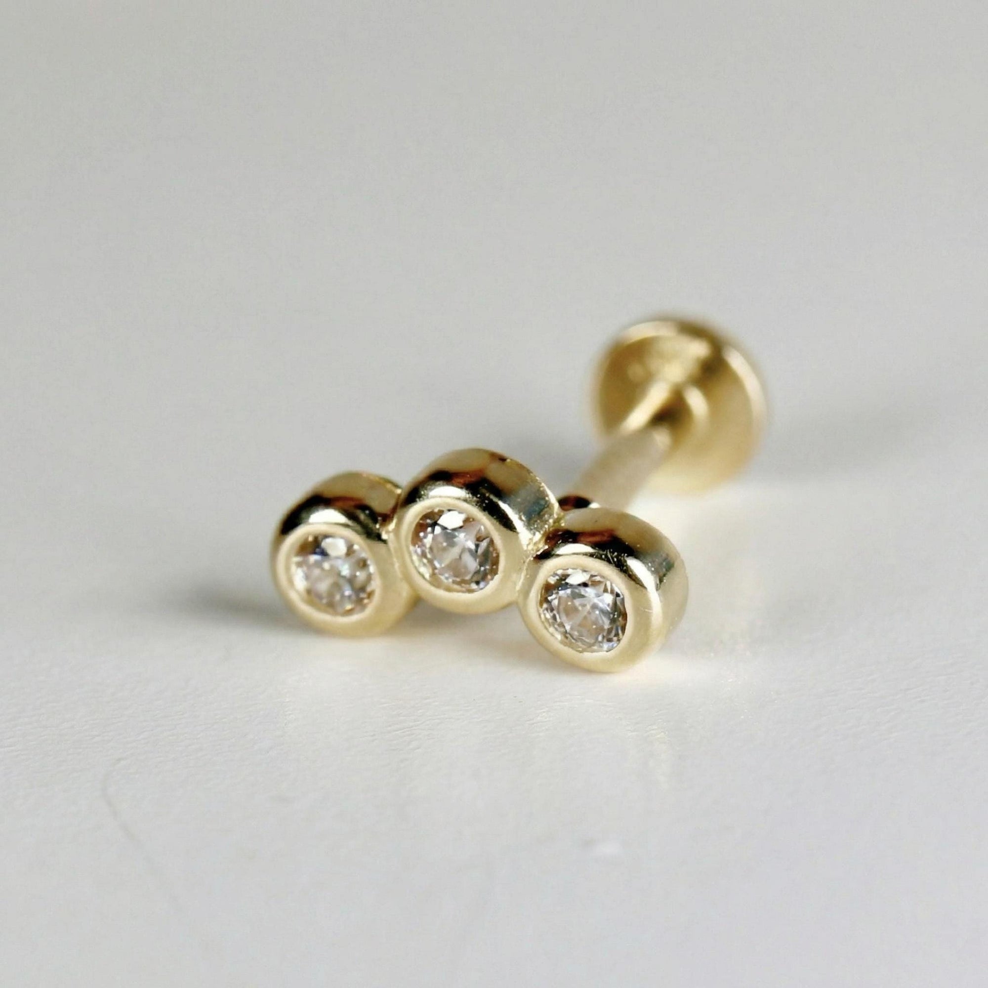 Three Bezel Stone Curve Bar Ear Piercing 14k Solid Gold Flat Back (SINGLE or PAIR) - Melt'm Jewelry