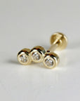 Three Bezel Stone Curve Bar Ear Piercing 14k Solid Gold Flat Back (SINGLE or PAIR) - Melt'm Jewelry
