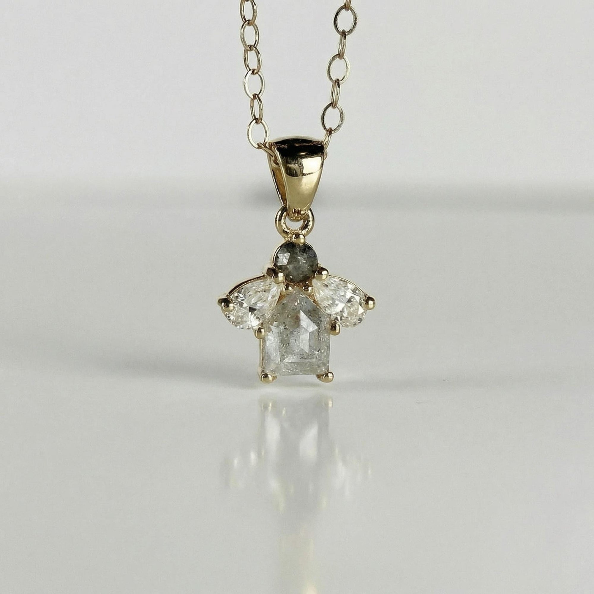 14K Solid Gold Salt and Pepper Diamond Cluster Necklace with Pear Moissanites - Melt'm Jewelry