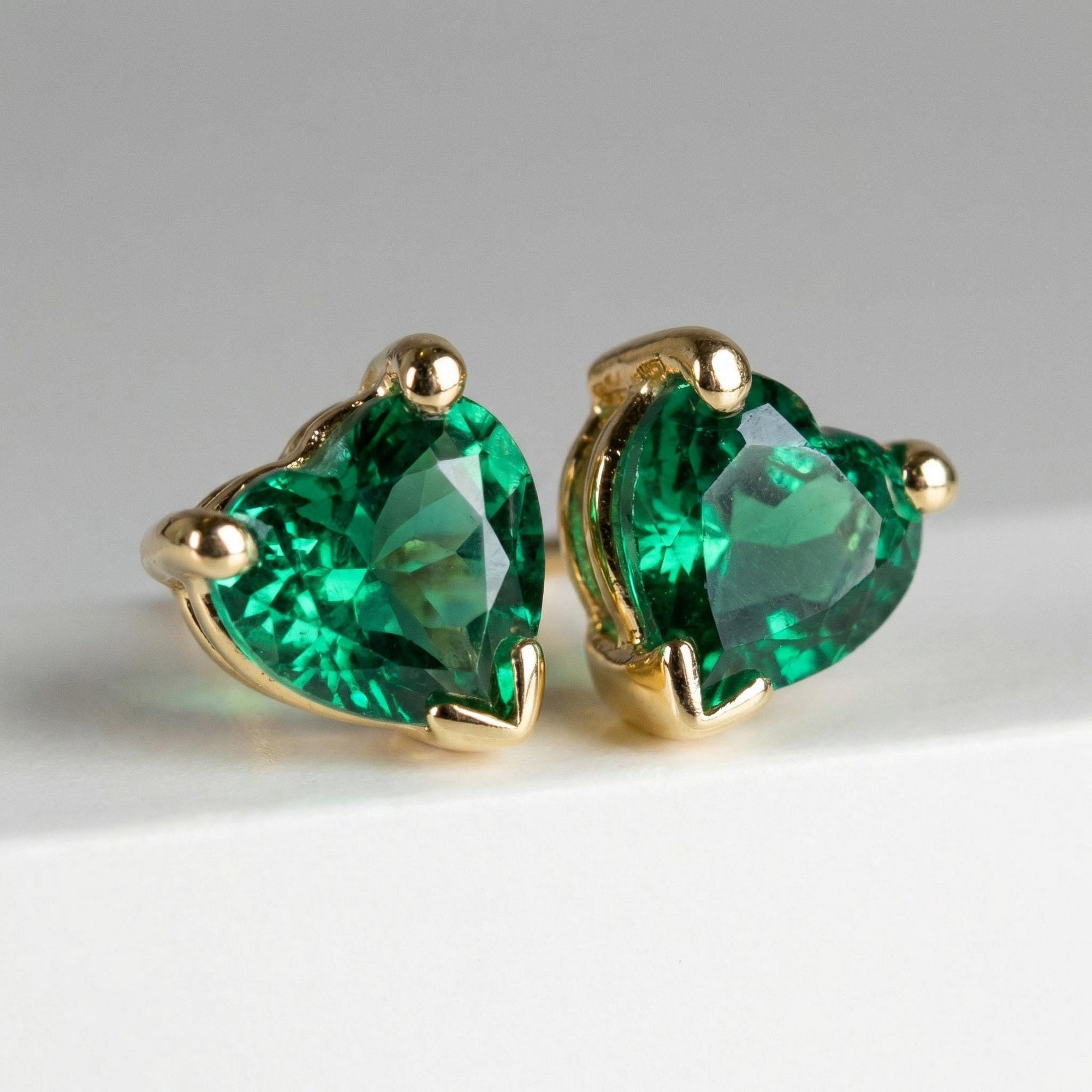 Heart Emerald Earrings 14k Solid Gold, Heart Emerald Stud Earrings - Melt'm Jewelry