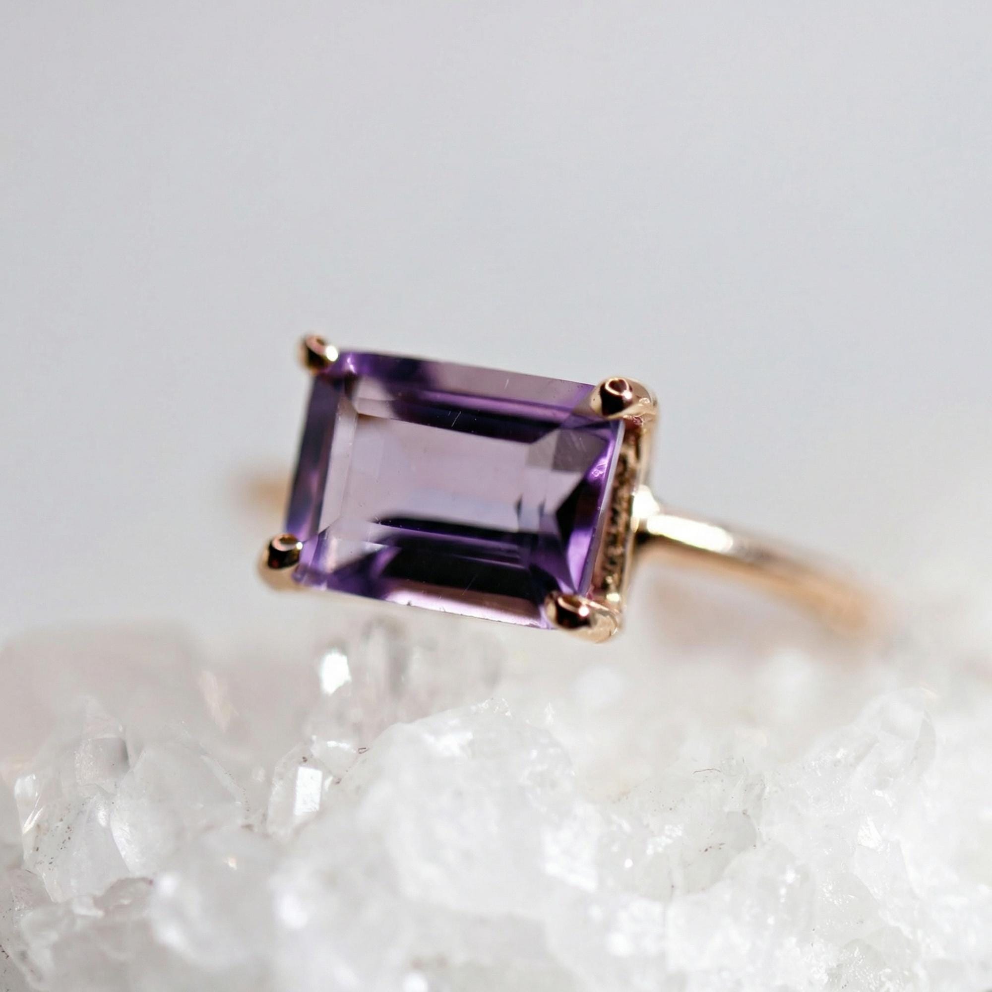 Emerald Cut Amethyst Ring in 14k Rose Gold or Yellow Gold - Melt'm Jewelry