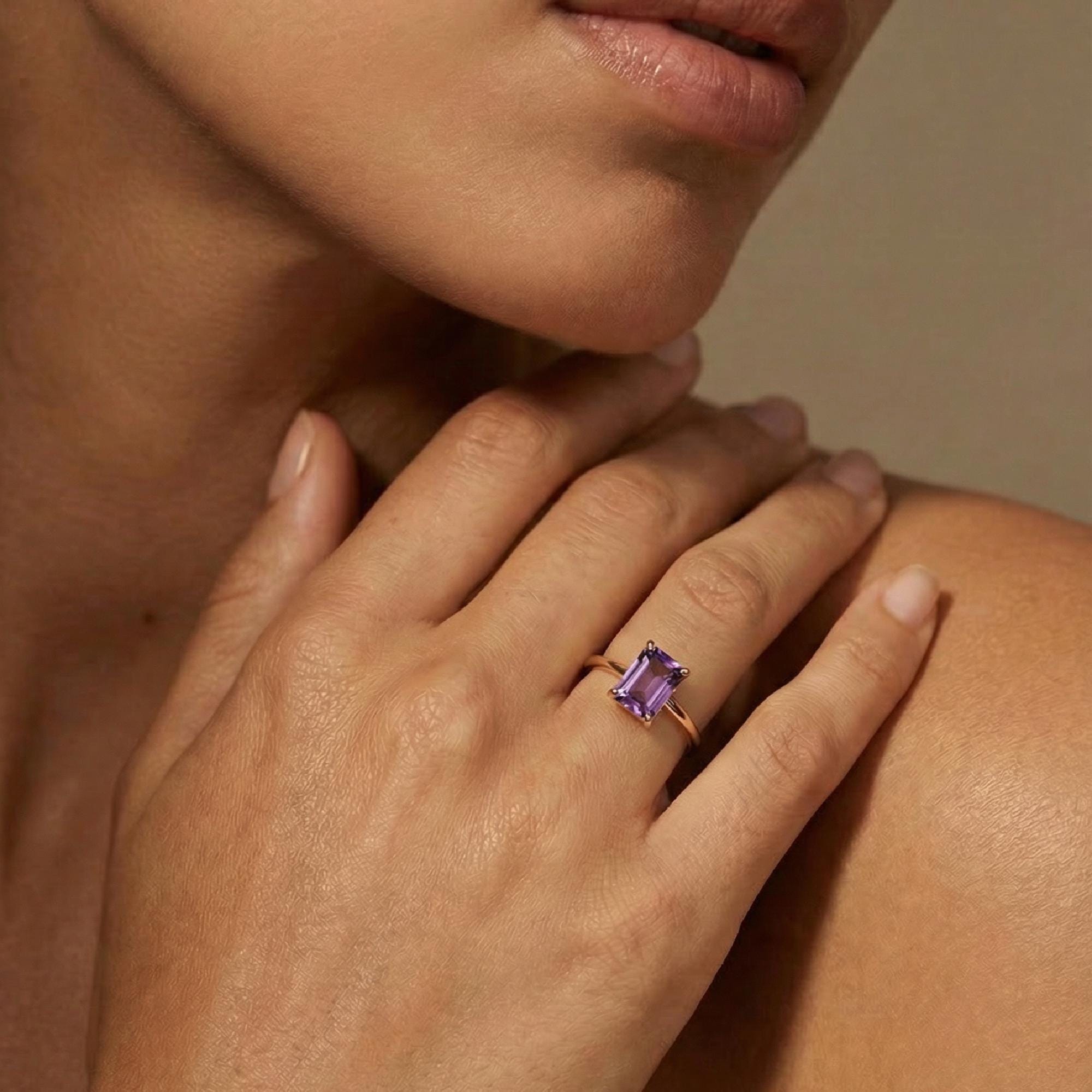 14k Gold Emerald Cut Amethyst Ring, Amethyst Engagement Ring