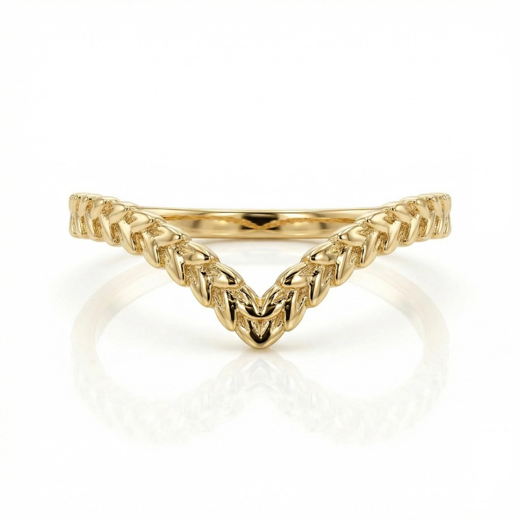 nature inspired 14k gold olive leaf contour wedding band, curved botanical stacking ring with leaf texture