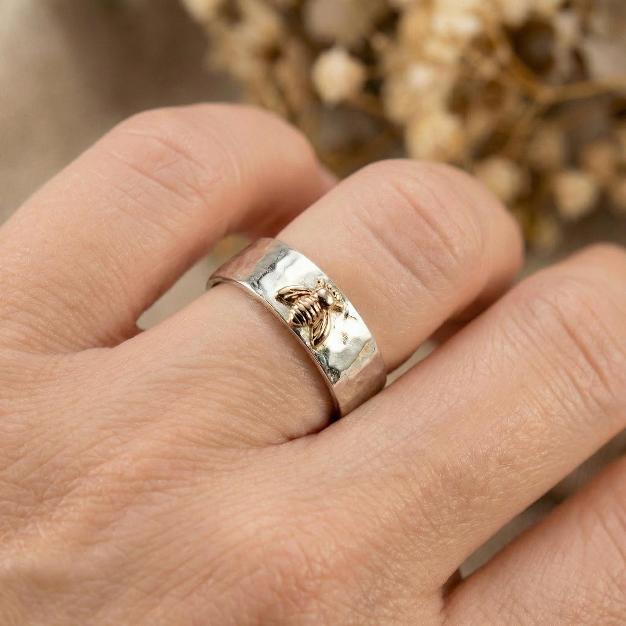 Honey Bee Ring, Sterling Silver Hammered Band and Gold Bee Ring