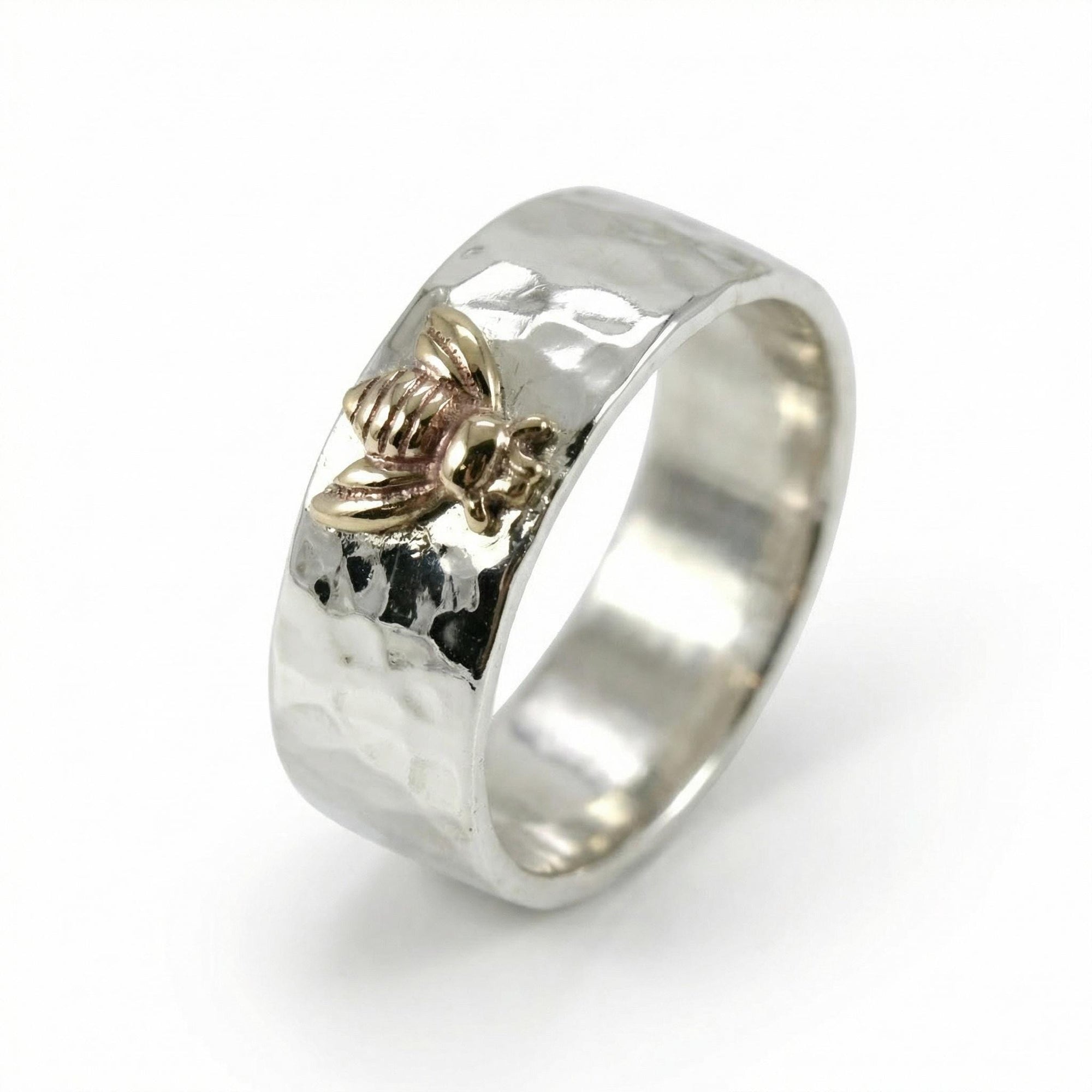 Honey Bee Ring, Sterling Silver Hammered Band and Gold Bee Ring