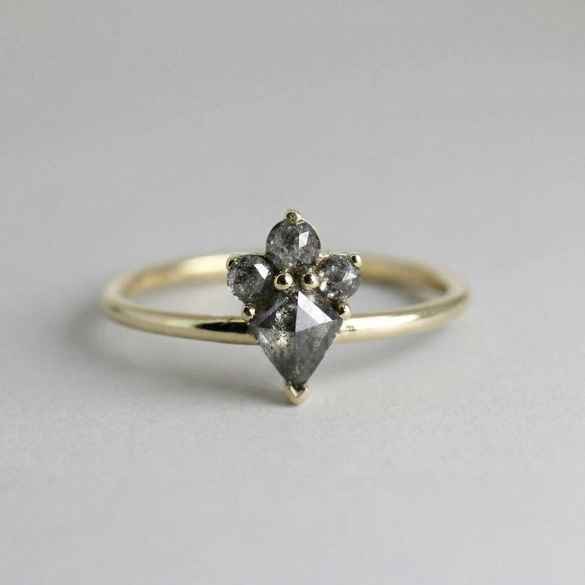 Rose Cut Kite Shape Salt and Pepper Diamond Ring in 14k Yellow Gold - Melt'm Jewelry