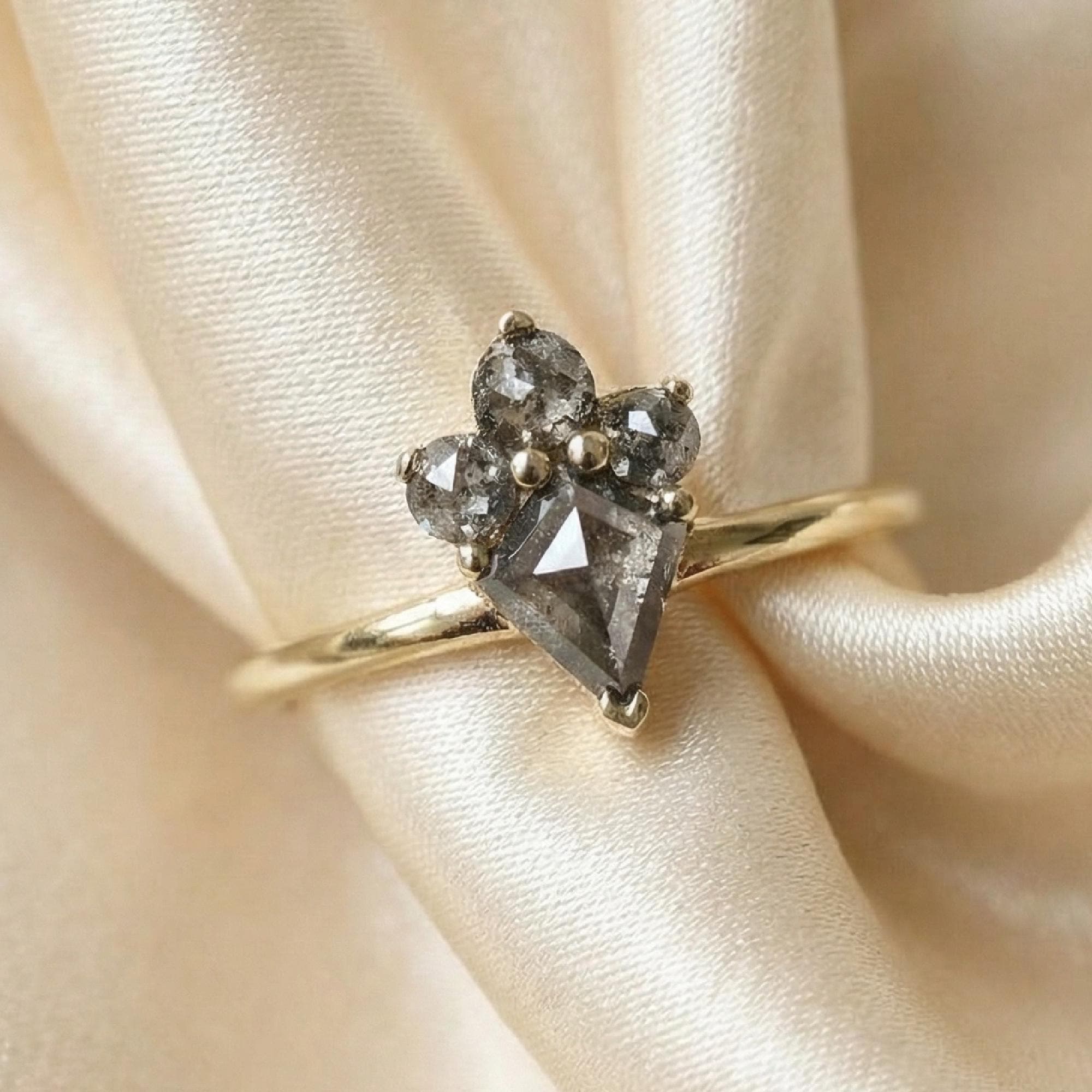 Rose Cut Kite Shape Salt and Pepper Diamond Ring in 14k Yellow Gold - Melt'm Jewelry