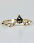 Rose Cut Pear Shape Salt and Pepper Diamond Ring 14k Yellow Gold - Melt'm Jewelry