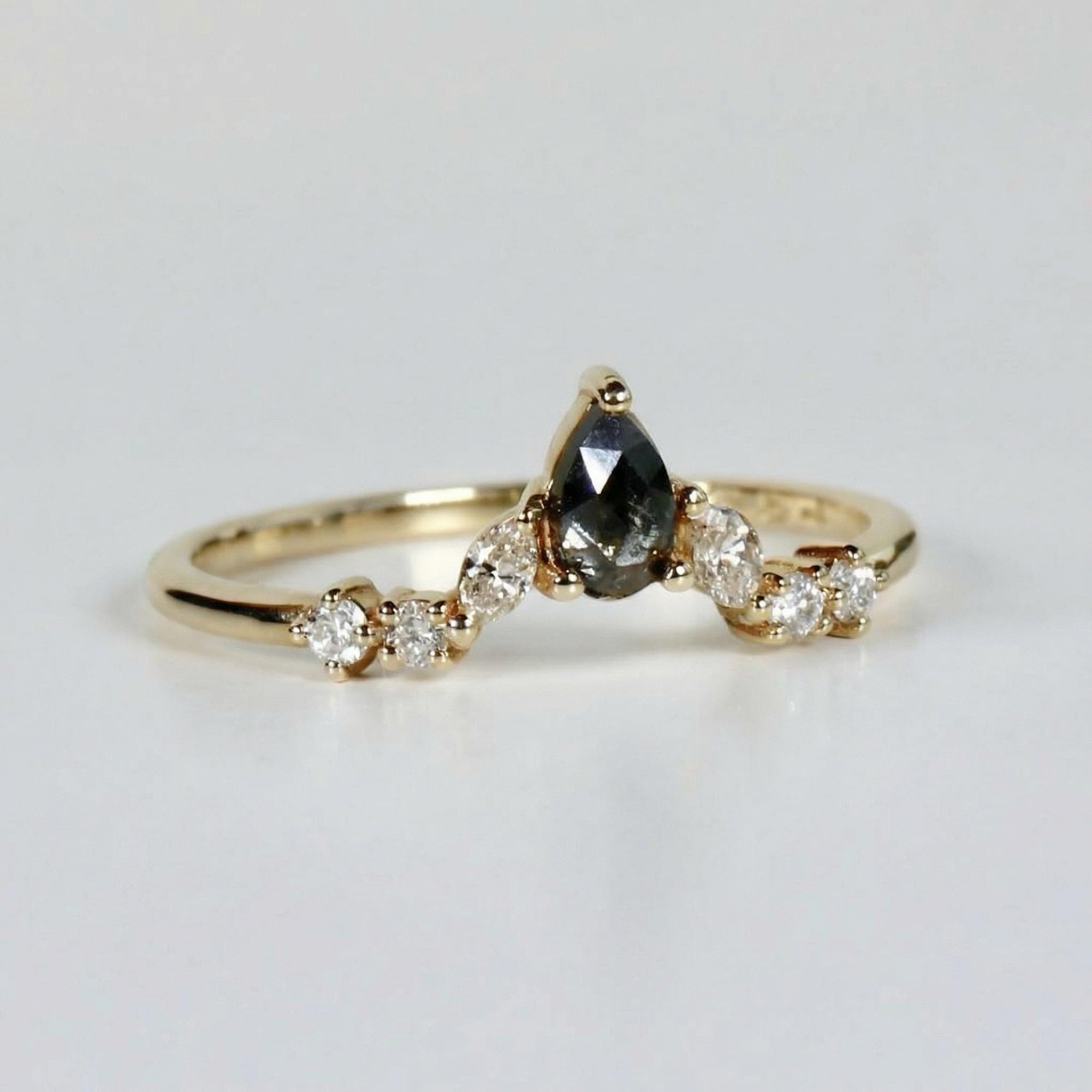 Rose Cut Pear Shape Salt and Pepper Diamond Ring 14k Yellow Gold - Melt'm Jewelry