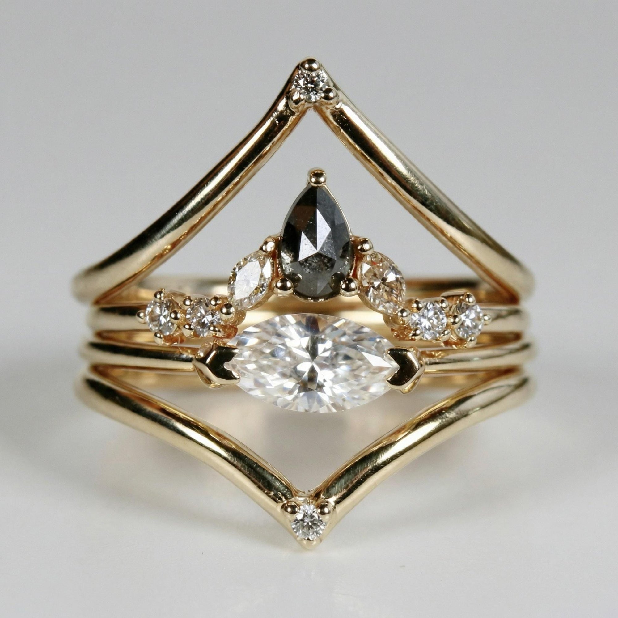 Rose Cut Pear Shape Salt and Pepper Diamond Ring 14k Yellow Gold - Melt'm Jewelry