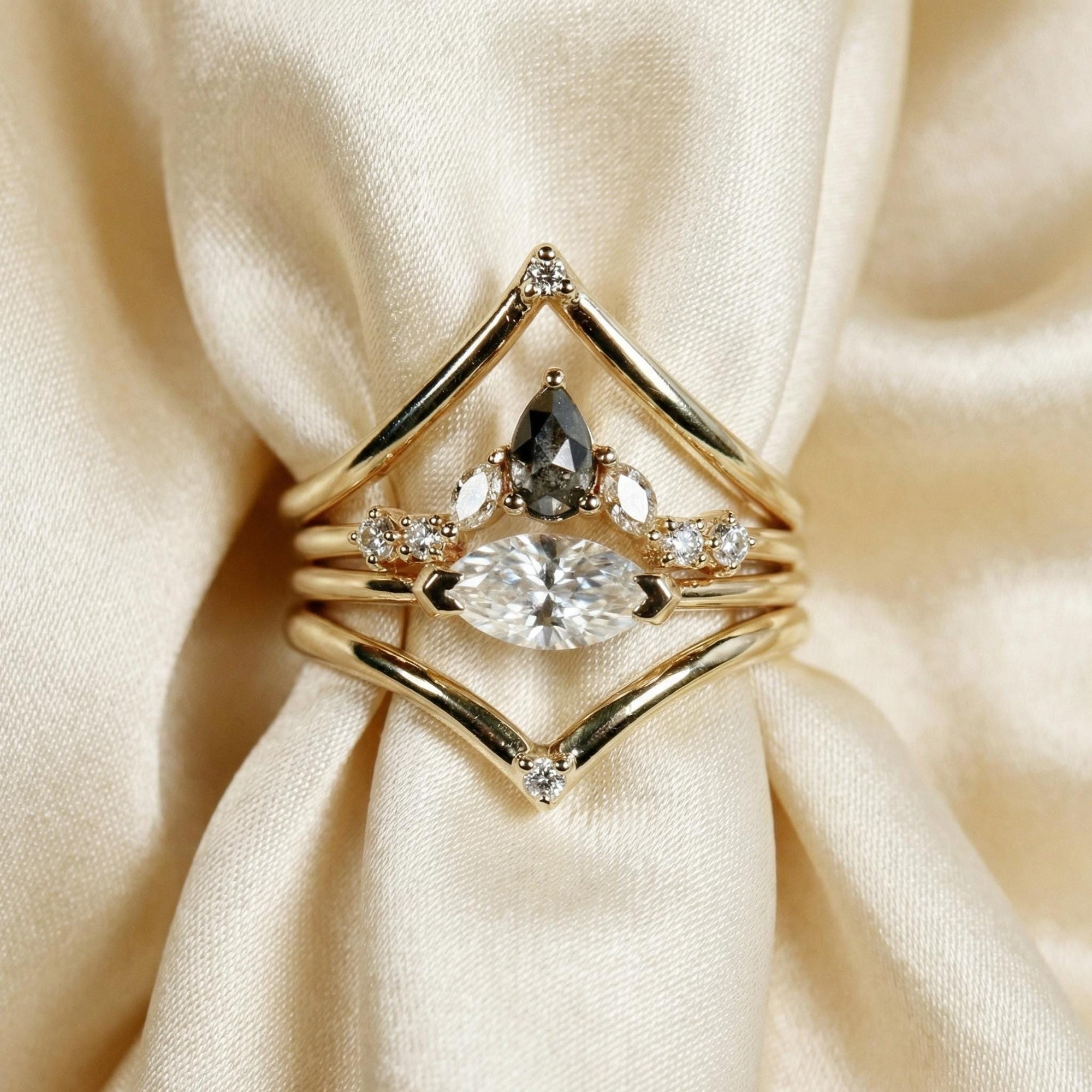 Rose Cut Pear Shape Salt and Pepper Diamond Ring 14k Yellow Gold - Melt'm Jewelry