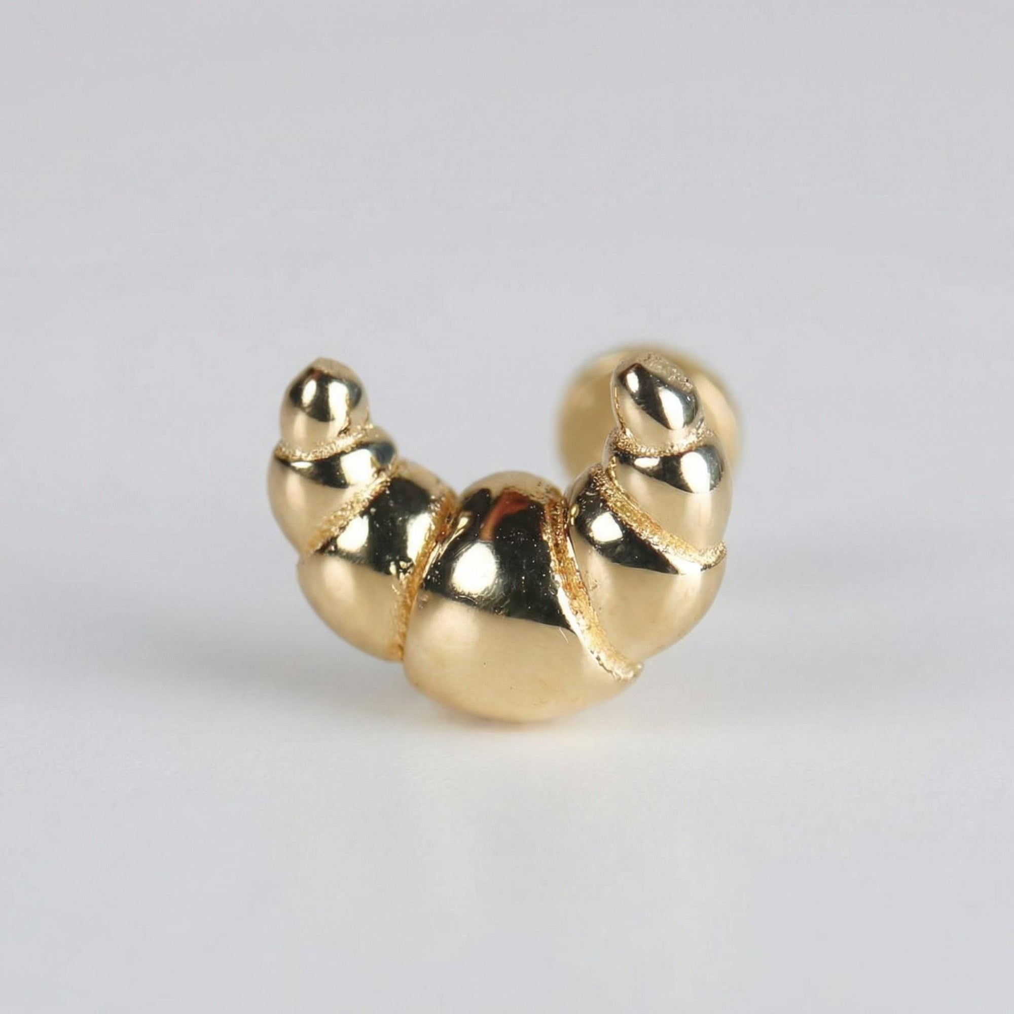 14k solid gold croissant flat back cartilage earring, food themed stackable stud, internally threaded tragus piercing jewelry