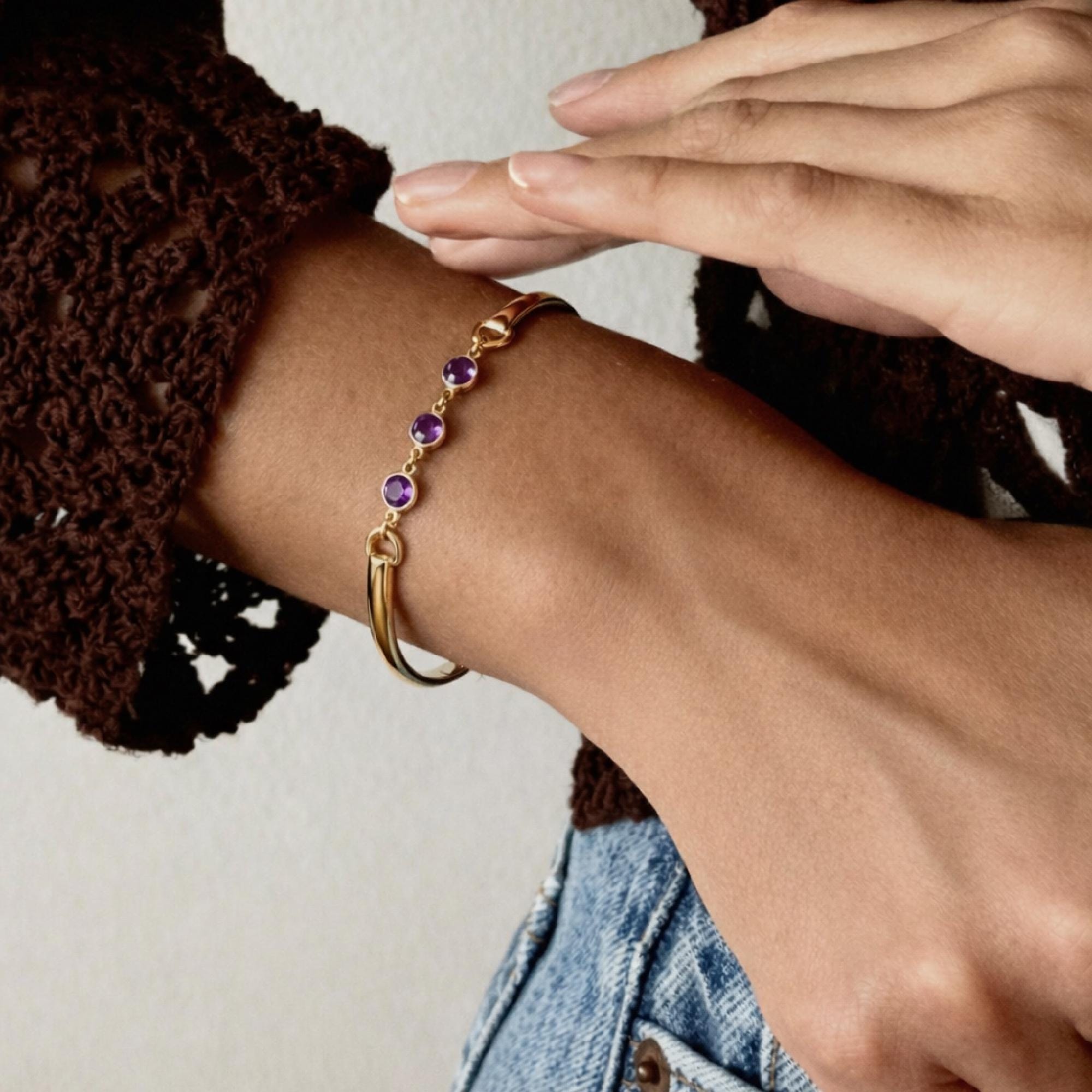 14k gold filled open cuff bracelet with three colorful birthstones, bridesmaid jewelry gift