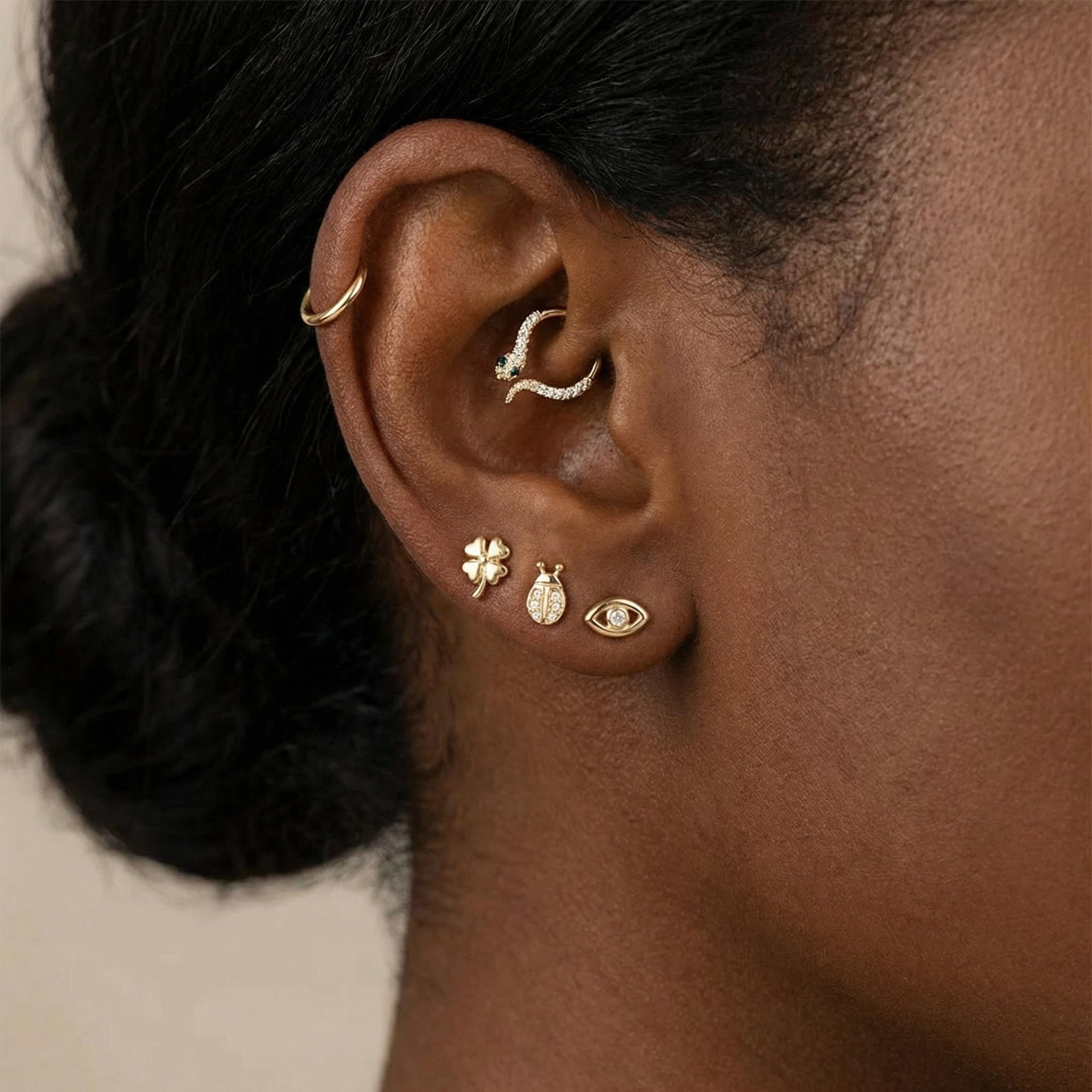 Dainty 14k gold evil eye internally threaded stud, protective symbol earring