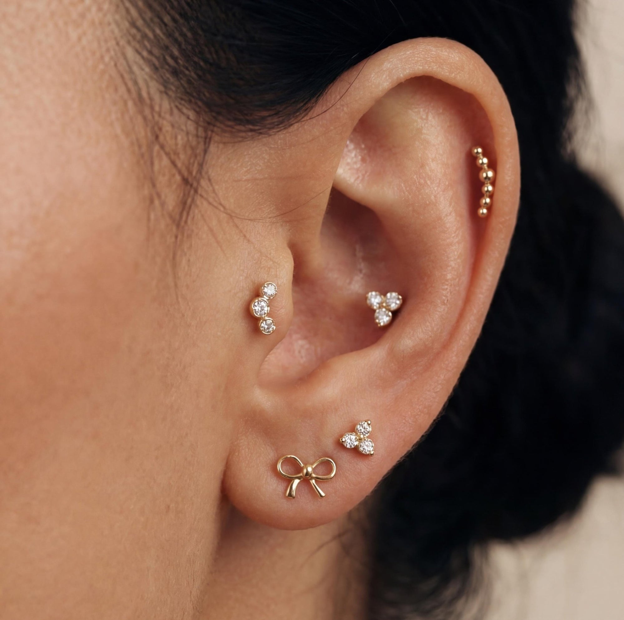 Three Bezel Stone Curve Bar Ear Piercing 14k Solid Gold Flat Back (SINGLE or PAIR) - Melt'm Jewelry