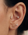Three Bezel CZ Stone Curve Bar Ear Piercing 14k Solid Gold Flat Back (SINGLE or PAIR) - Melt'm Jewelry