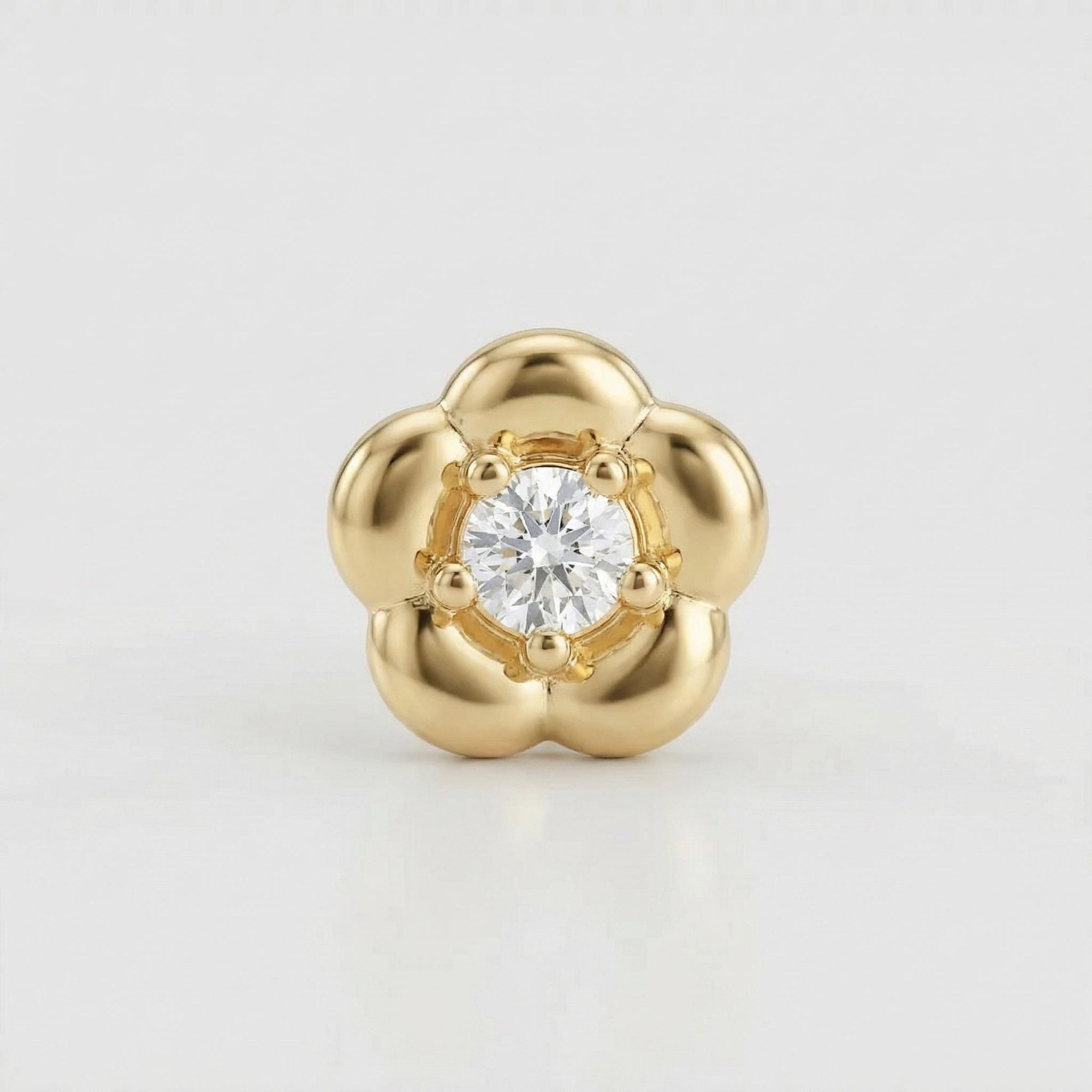 14k solid gold flower flat back earring with CZ, internally threaded cartilage stud, minimalist gold ear stack jewelry gift for her