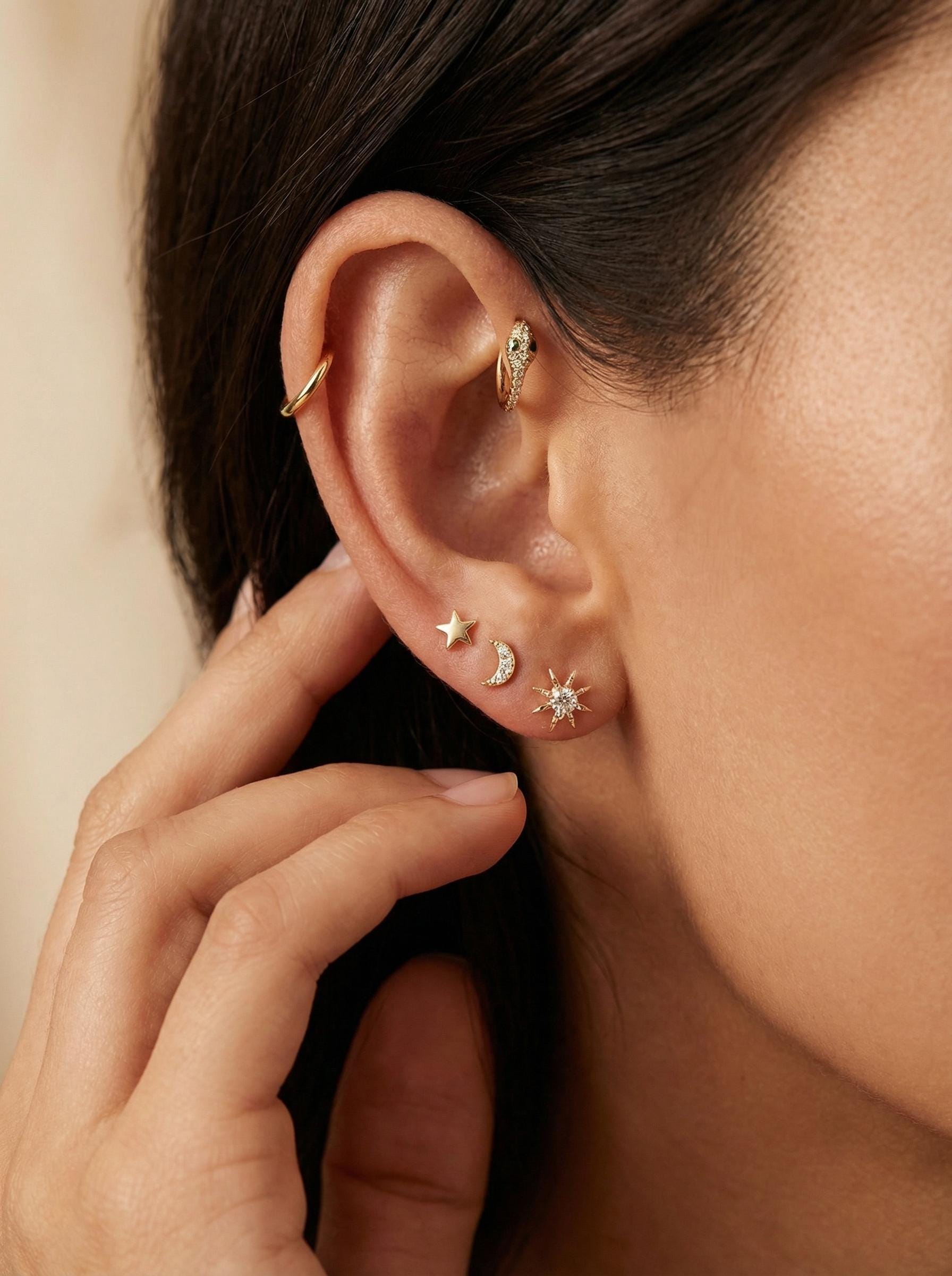 CZ Simulated Diamonds Moon Earrings 14k Solid Gold, Internally Threaded Flat Back Earrings - Melt'm Jewelry