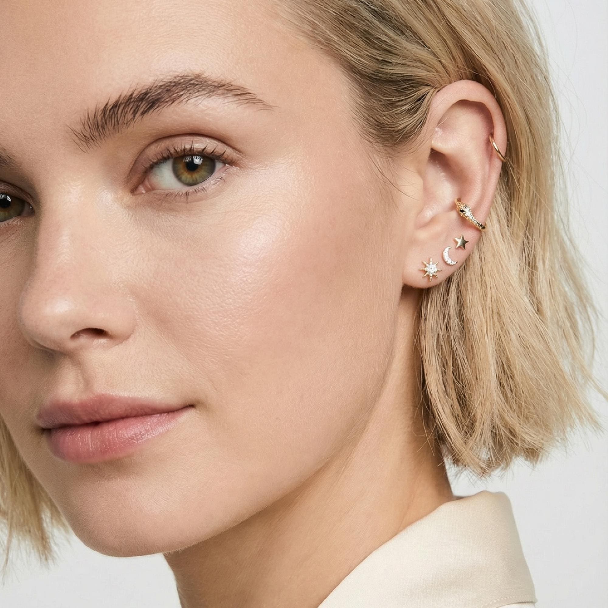 CZ Simulated Diamonds Moon Earrings 14k Solid Gold, Internally Threaded Flat Back Earrings - Melt'm Jewelry