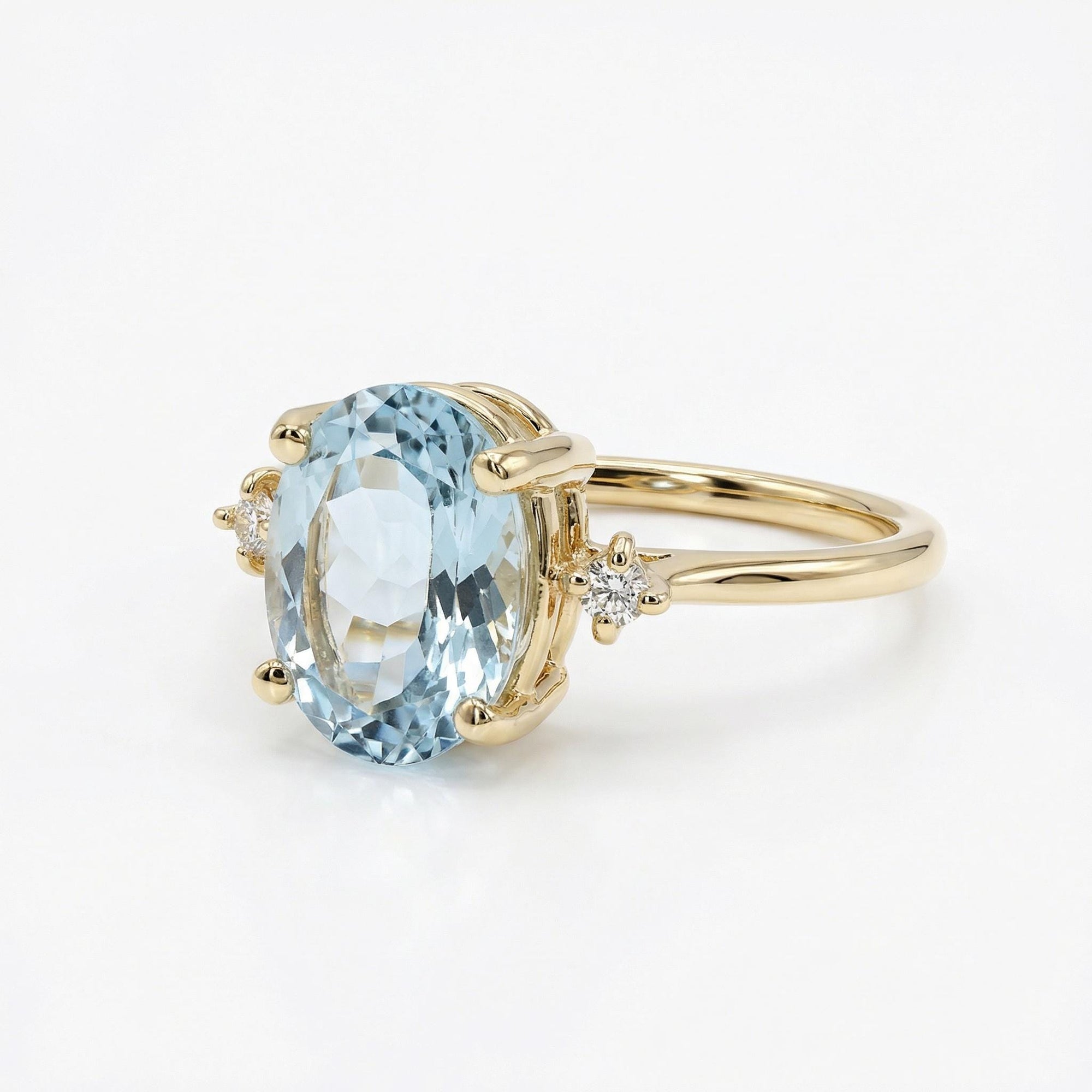 Oval Aquamarine Engagement Ring with two Accent Diamonds - Melt'm Jewelry