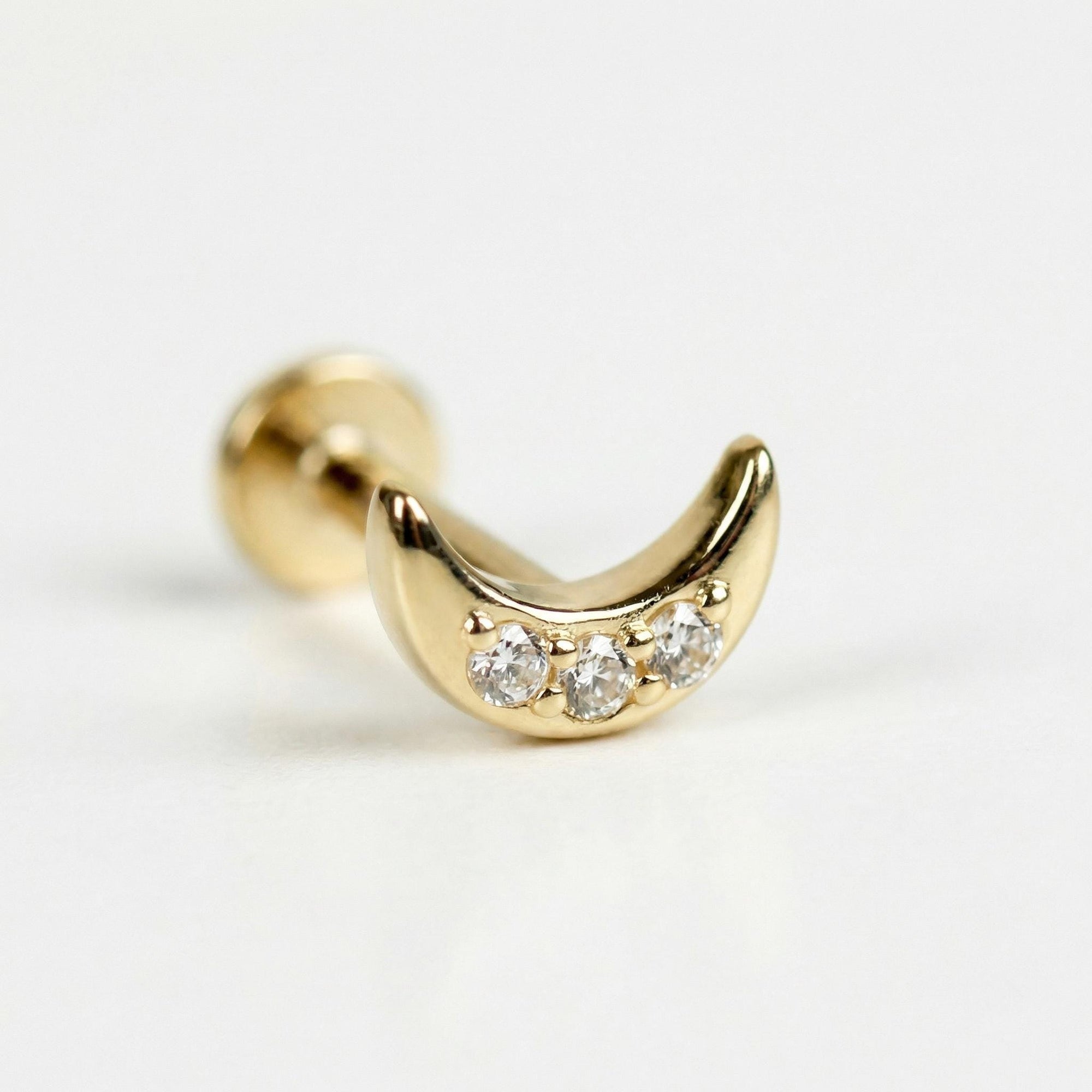 CZ Simulated Diamonds Moon Earrings 14k Solid Gold, Internally Threaded Flat Back Earrings - Melt'm Jewelry