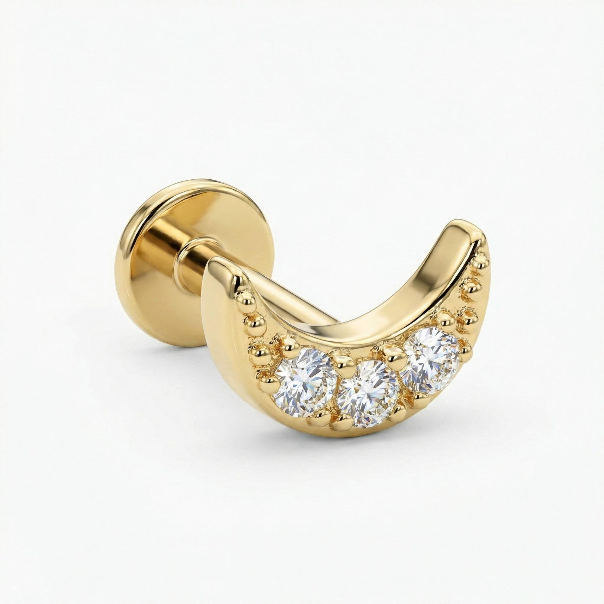 CZ Simulated Diamonds Moon Earrings 14k Solid Gold, Internally Threaded Flat Back Earrings - Melt'm Jewelry