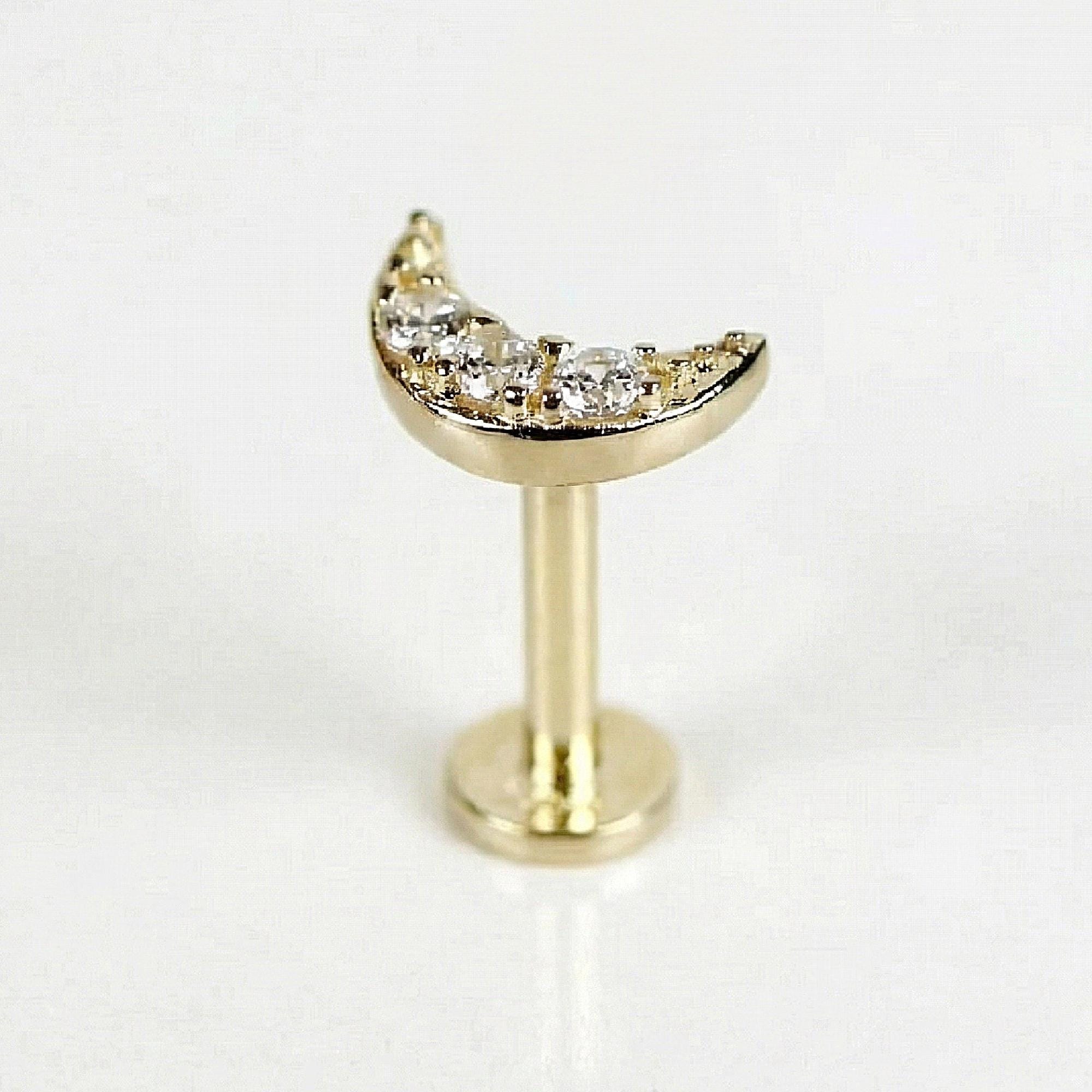 CZ Simulated Diamonds Moon Earrings 14k Solid Gold, Internally Threaded Flat Back Earrings - Melt'm Jewelry