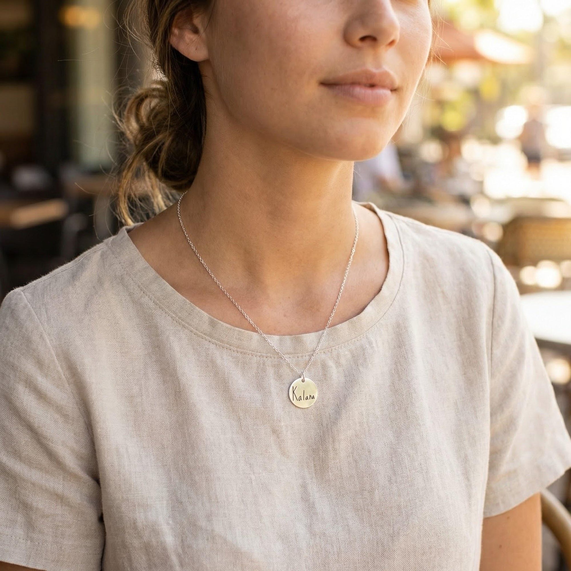 Actual Handwriting Disk Necklace, Kids Name Gold Pendant