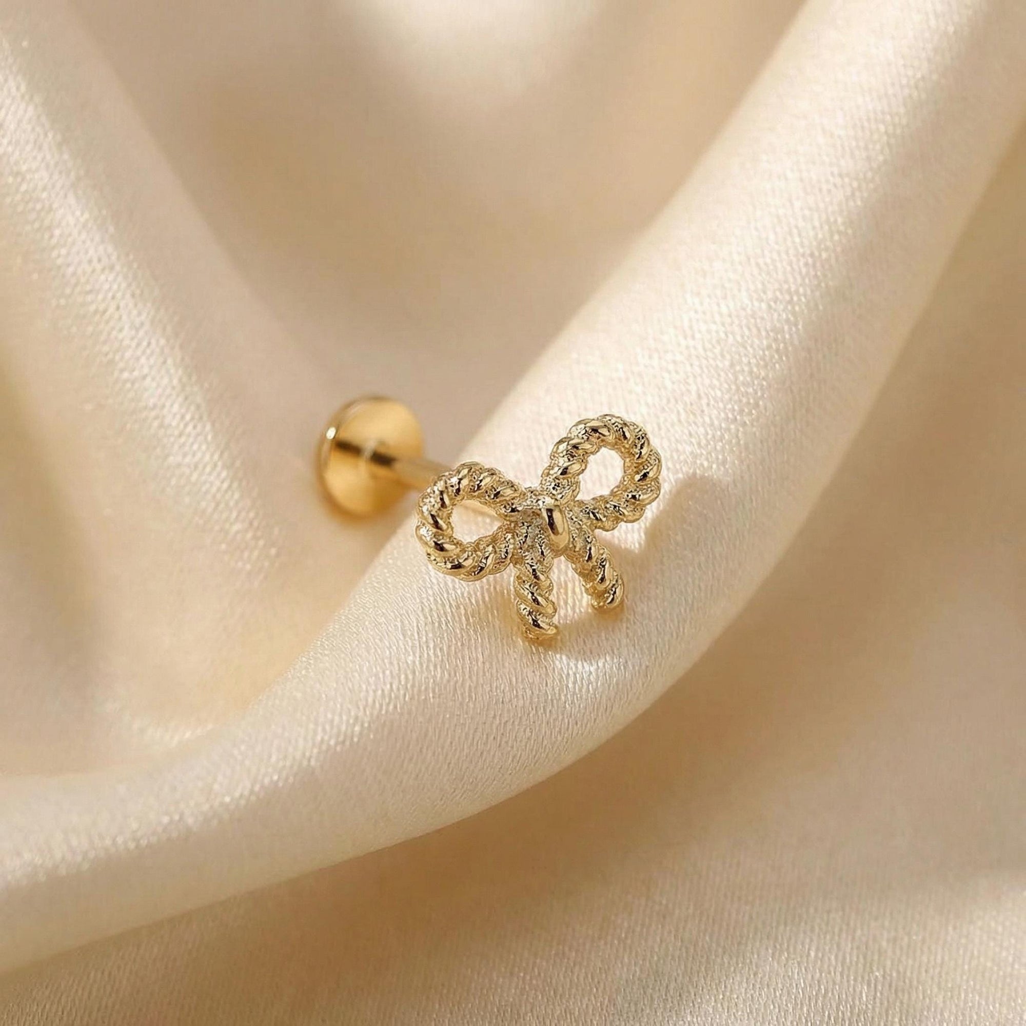 Dainty Bow Tie Internally Threaded Flat Back Earrings 14k Solid Gold - 6.5 mm - Melt'm Jewelry
