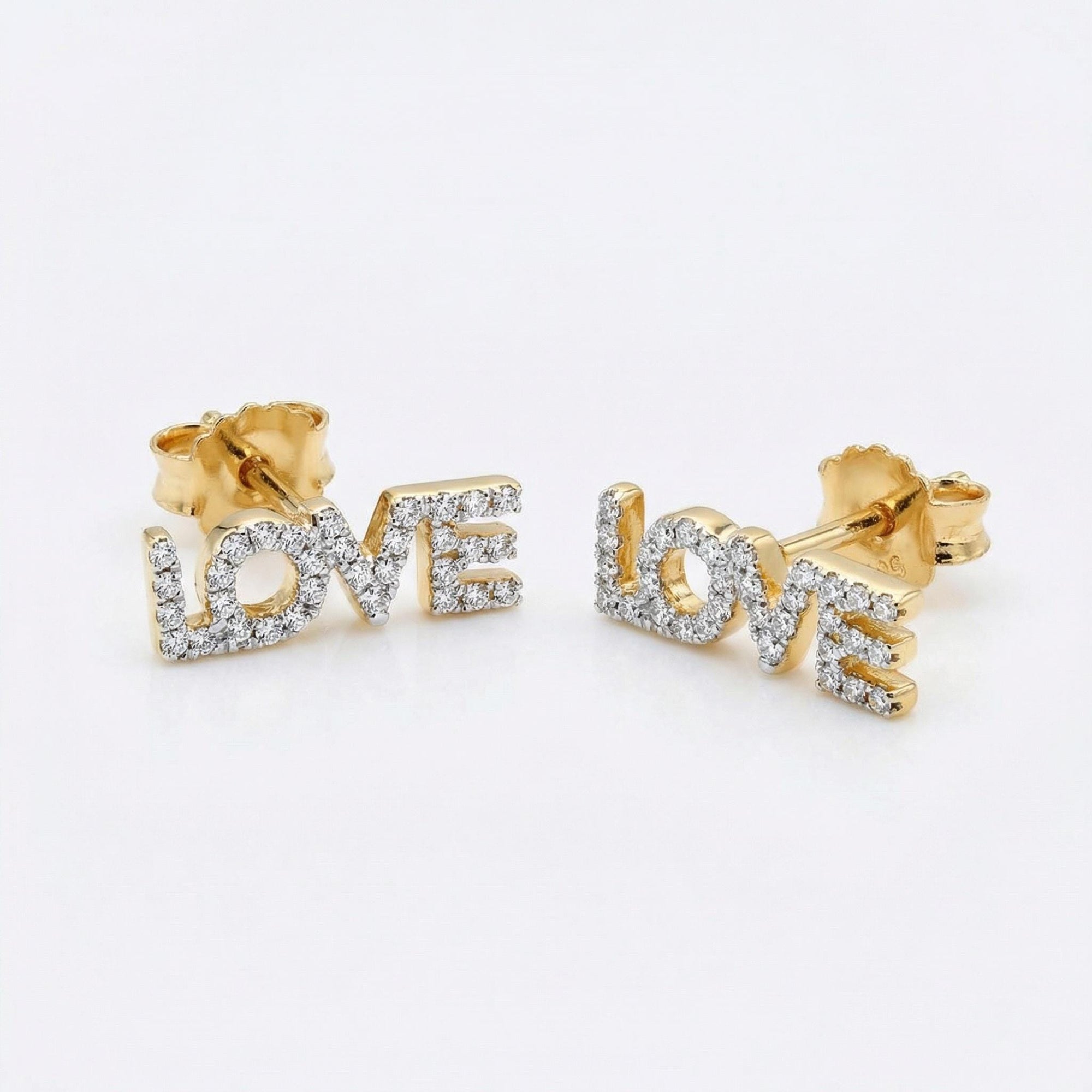 Diamond Love Earrings in 14k Solid Gold - Natural Diamond Block Letters - Melt'm Jewelry