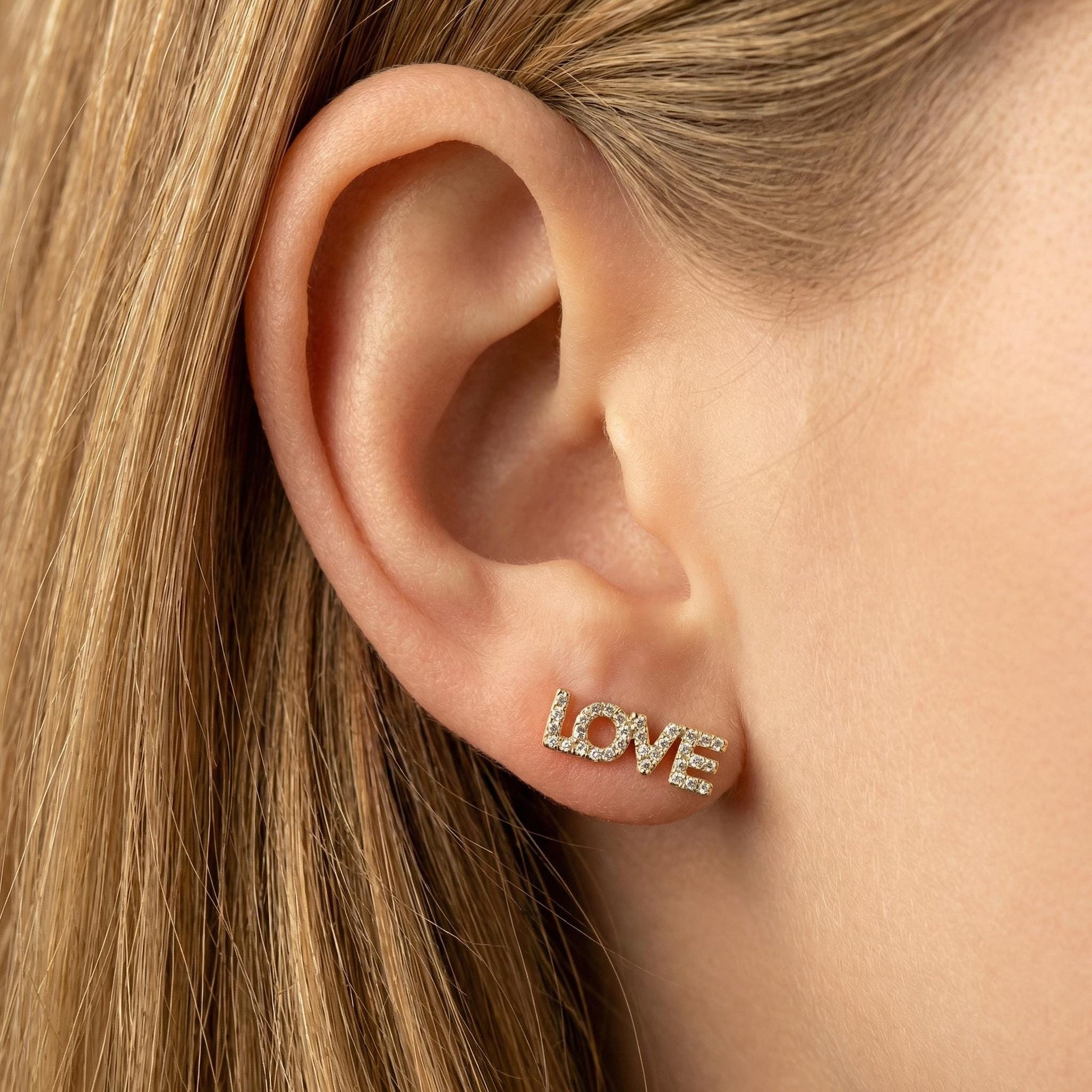 Diamond Love Earrings in 14k Solid Gold - Natural Diamond Block Letters - Melt'm Jewelry