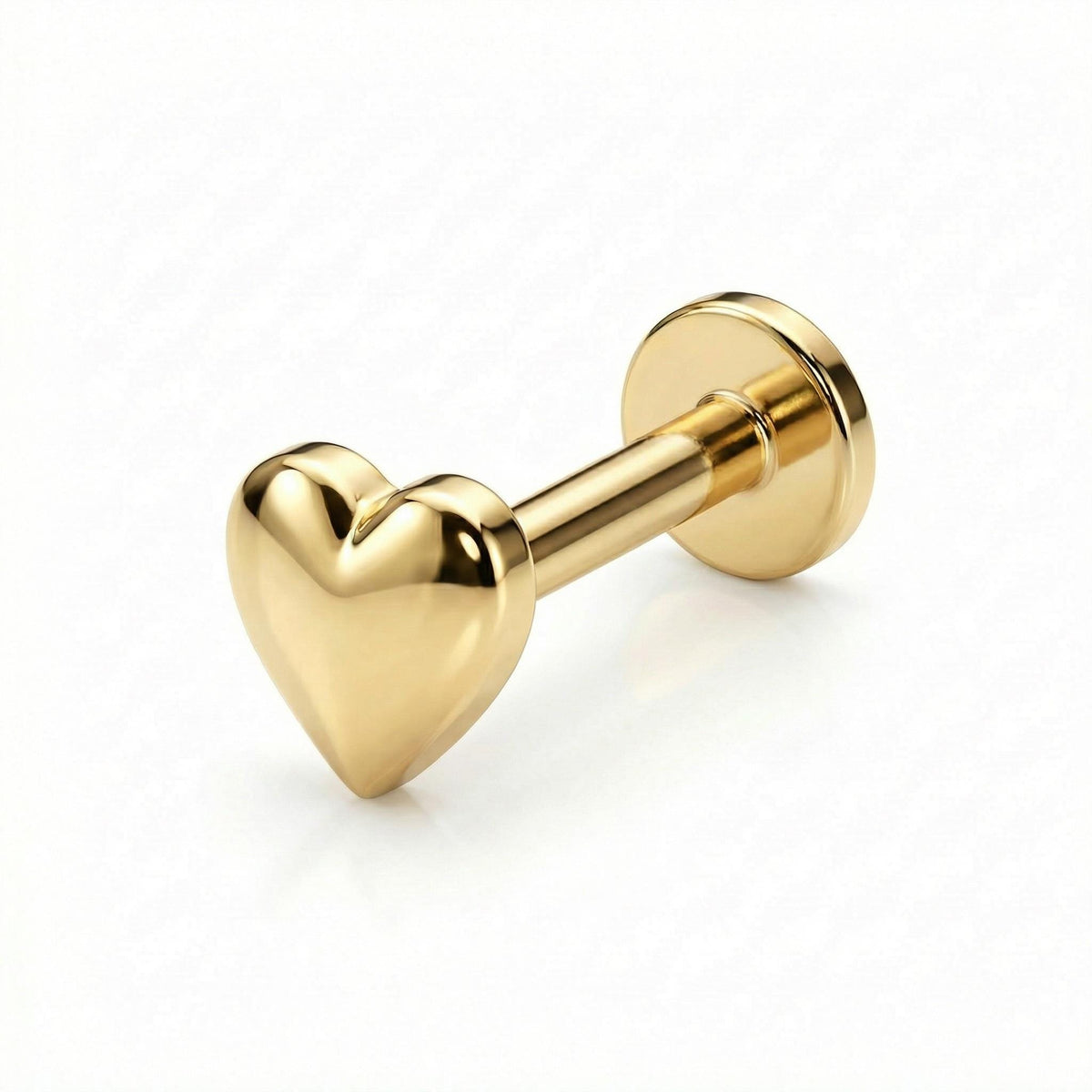 14k solid gold heart cartilage earring, internally threaded flat back stud for helix tragus or cartilage piercing