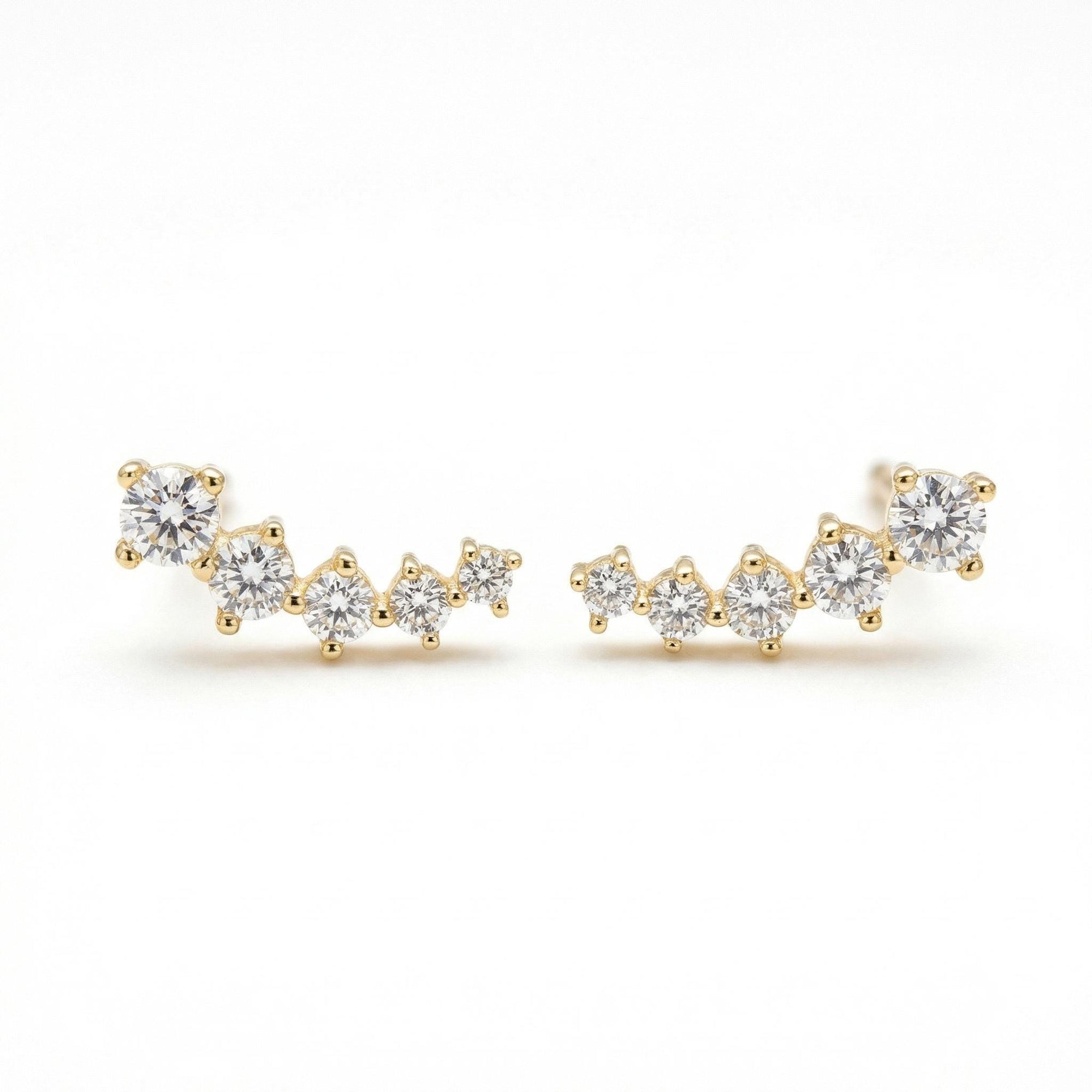 14k Gold 5 Stone CZ Ear Climber Earrings (SINGLE or PAIR), Simulated Diamond Cluster Ear Crawler Earrings - Melt'm Jewelry