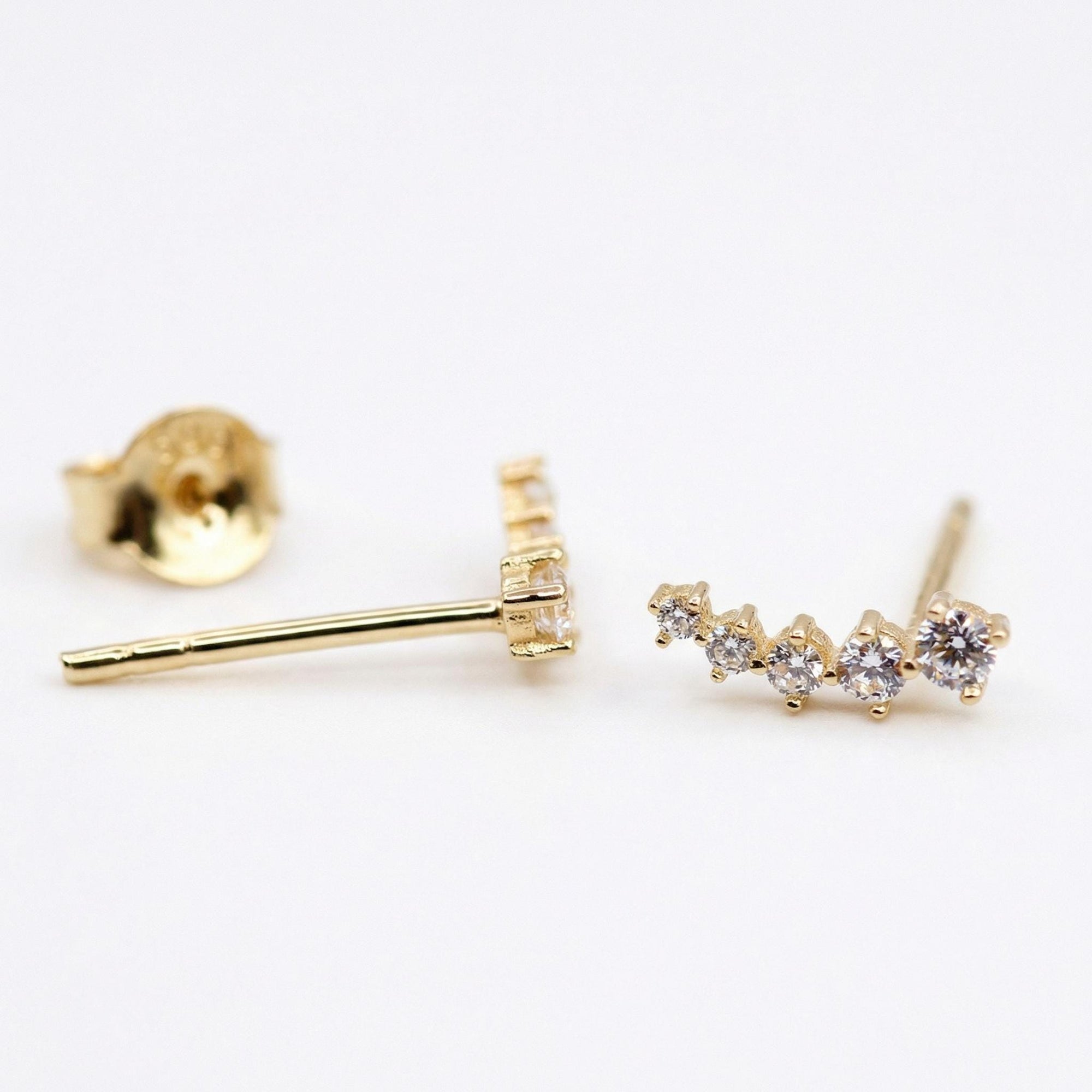14k Gold 5 Stone CZ Ear Climber Earrings (SINGLE or PAIR), Simulated Diamond Cluster Ear Crawler Earrings - Melt'm Jewelry