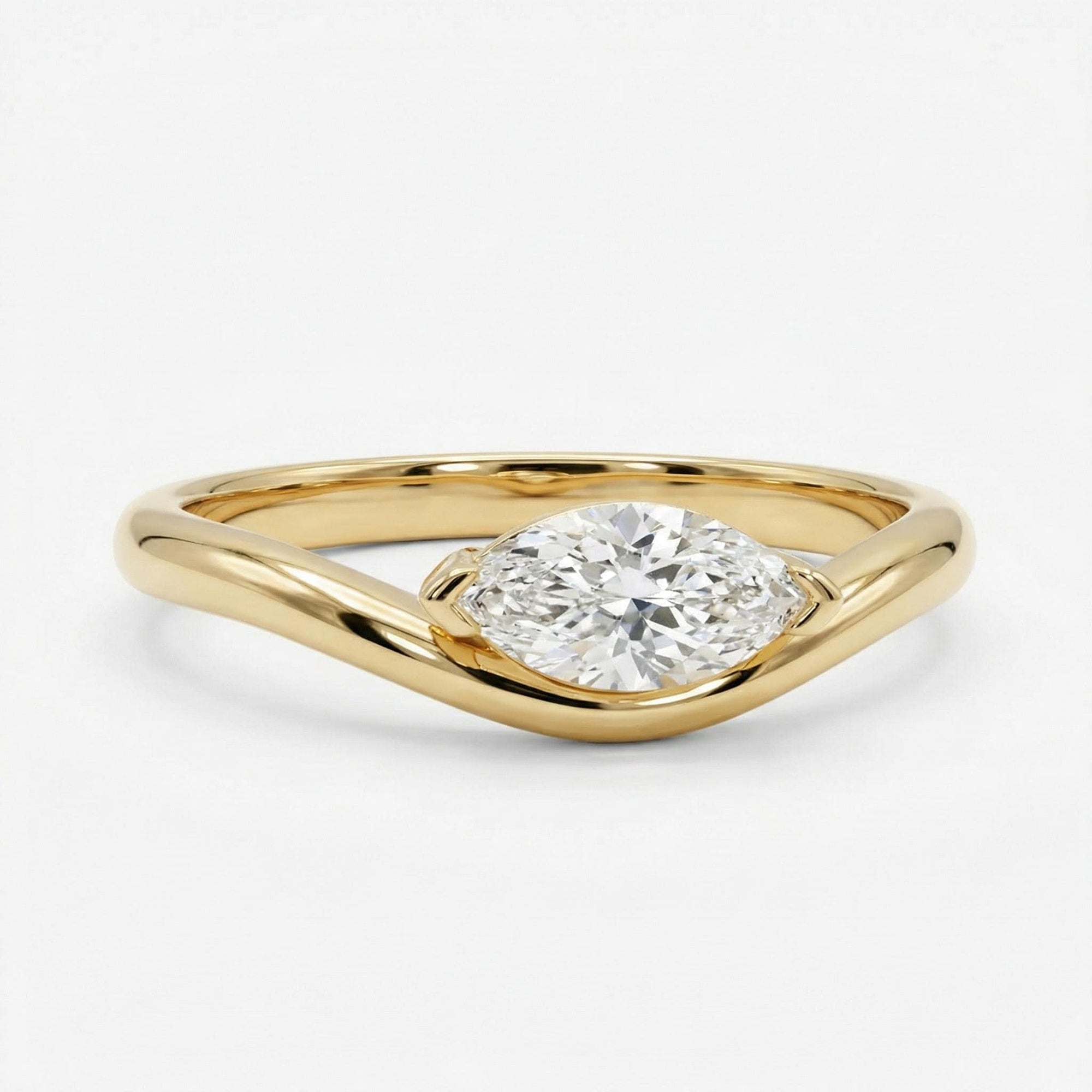 Marquise Moissanite Wavy Band Ring 14k Gold, LILY Minimalist Engagement Ring - Melt'm Jewelry