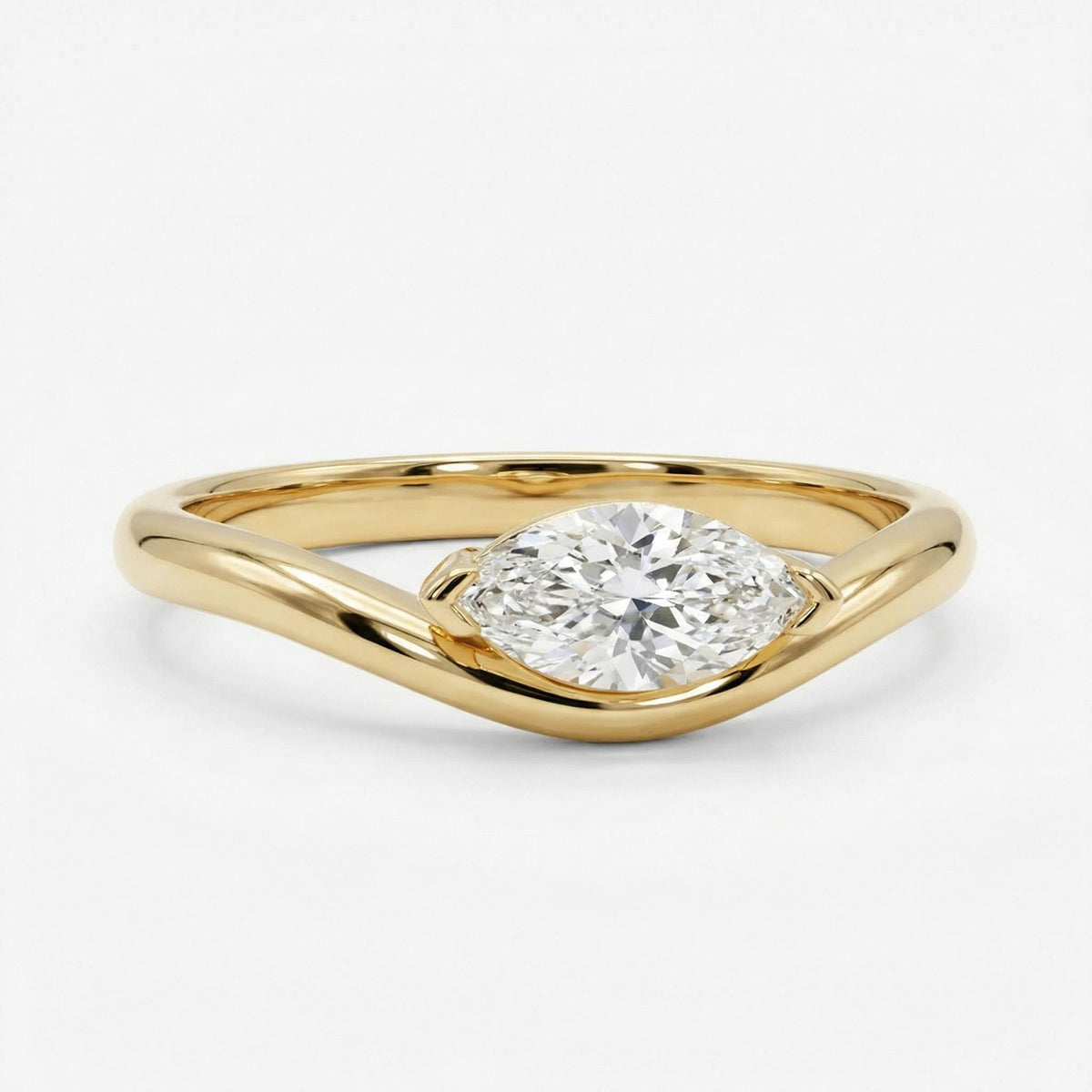 Marquise Moissanite Wavy Band Ring 14k Gold, LILY Minimalist Engagement Ring - Melt'm Jewelry