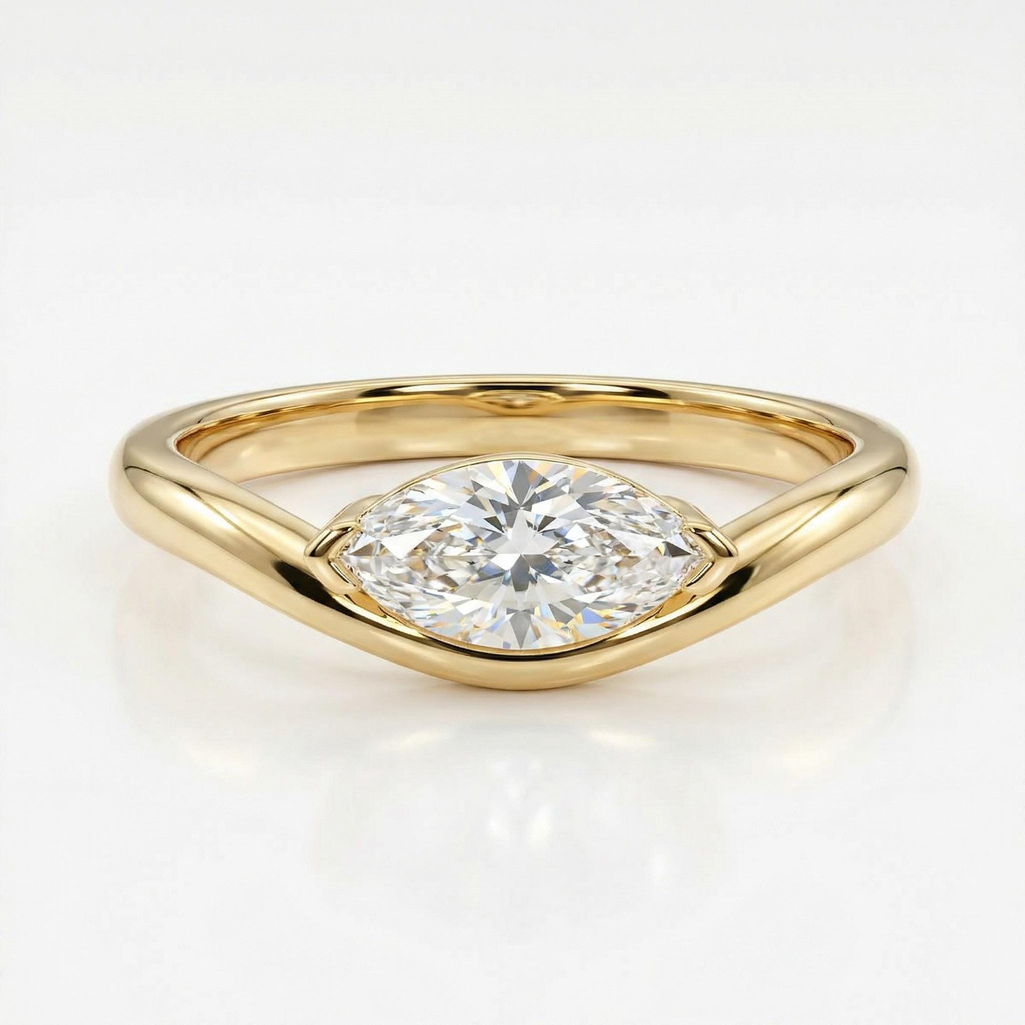Marquise Moissanite Wavy Band Ring 14k Gold, LILY Minimalist Engagement Ring - Melt'm Jewelry